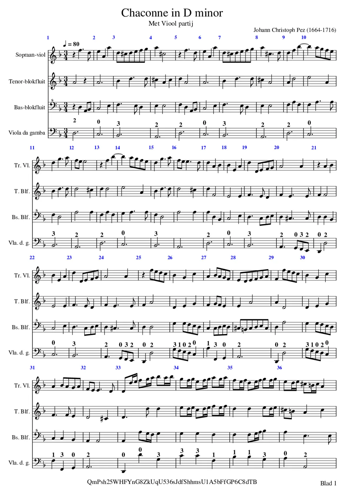 Pez Johann Christoph Chaconne in D minor met Viool partij - Page 1