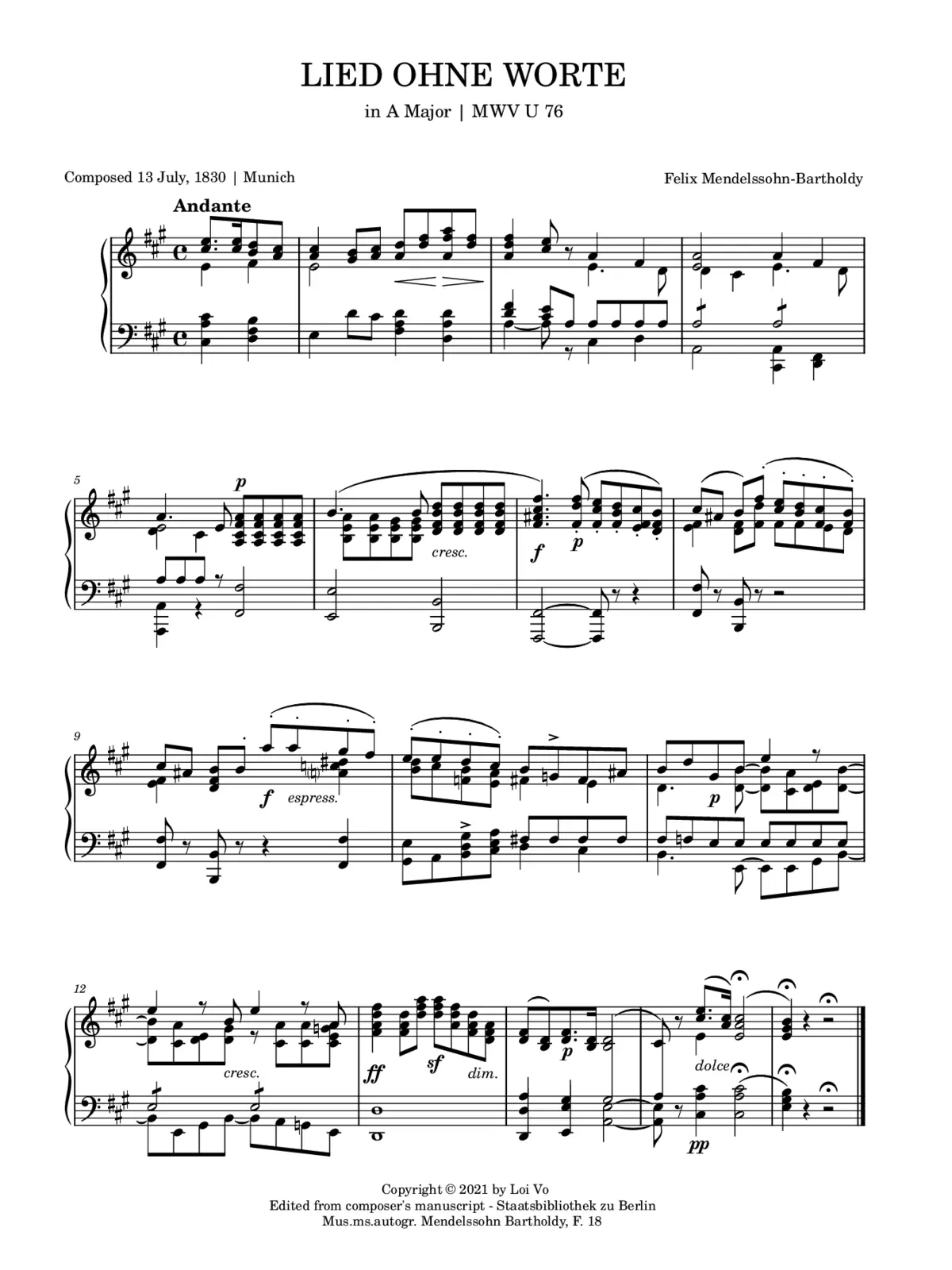 Andante in A Major, MWV U 76 - Page 1