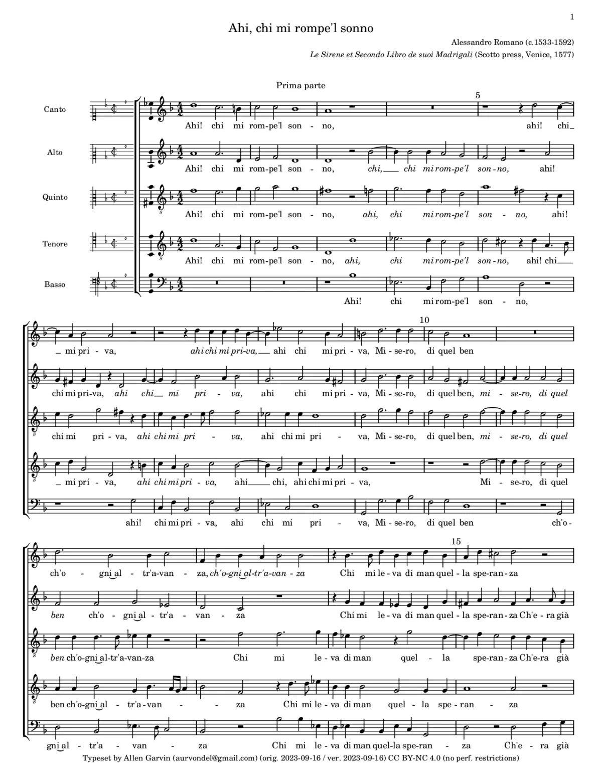 Ahi, chi mi rompe'l sonno - Page 1