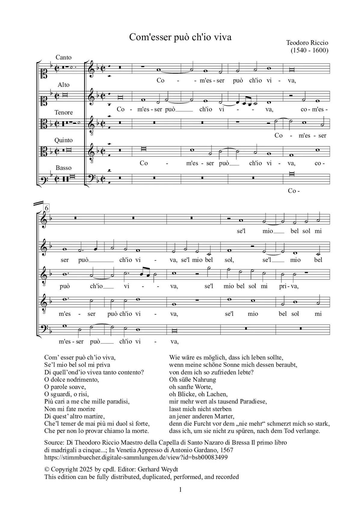 Com'esser può ch'io viva - Page 1