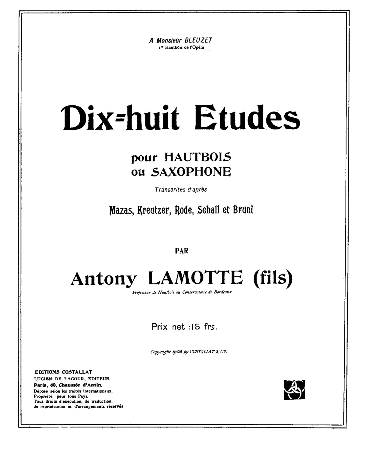 Dix-Huit Études pour Hautbois ou Saxophone - Page 1