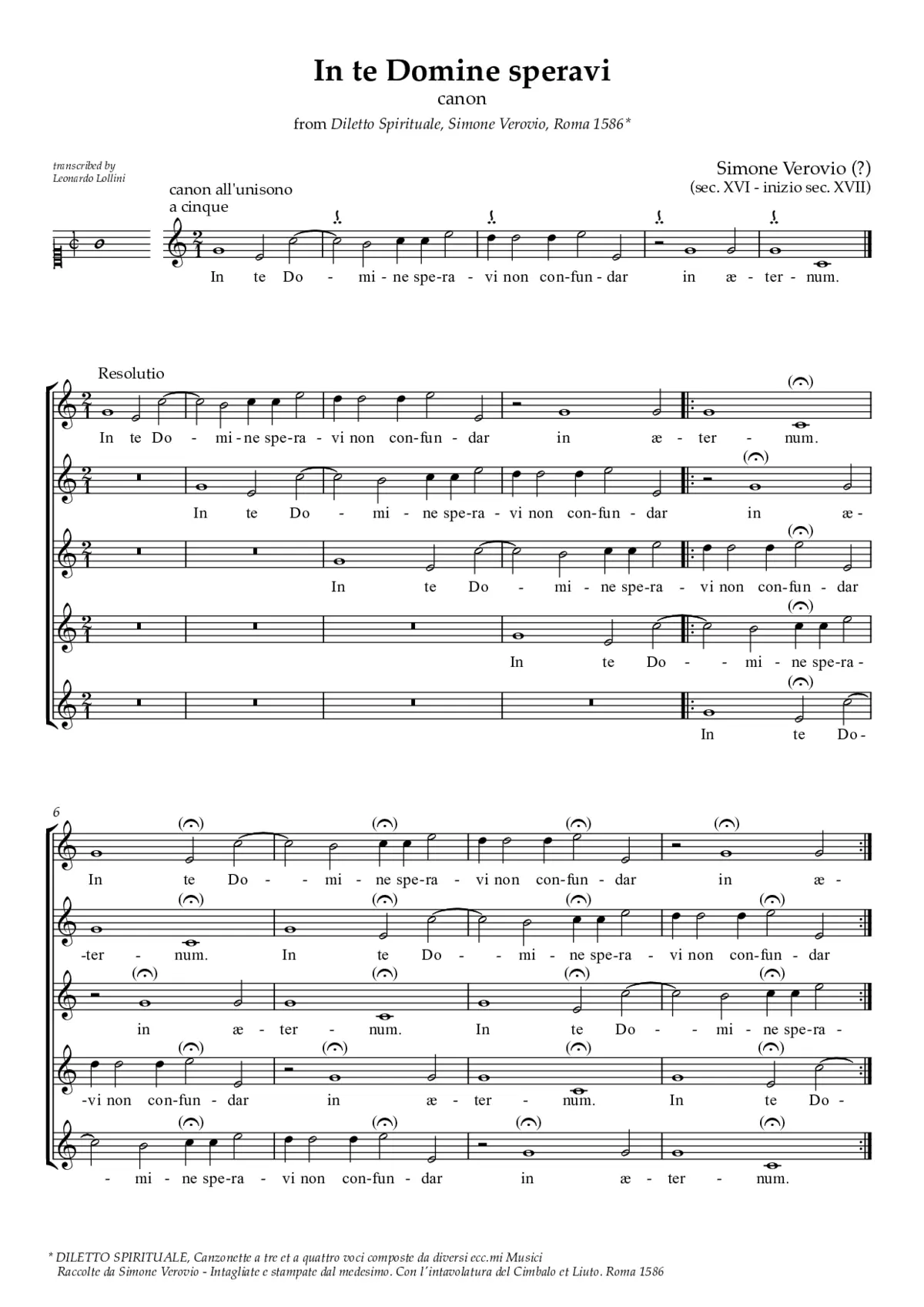 In te Domine speravi, Canon all' unisono à cinque - Page 1