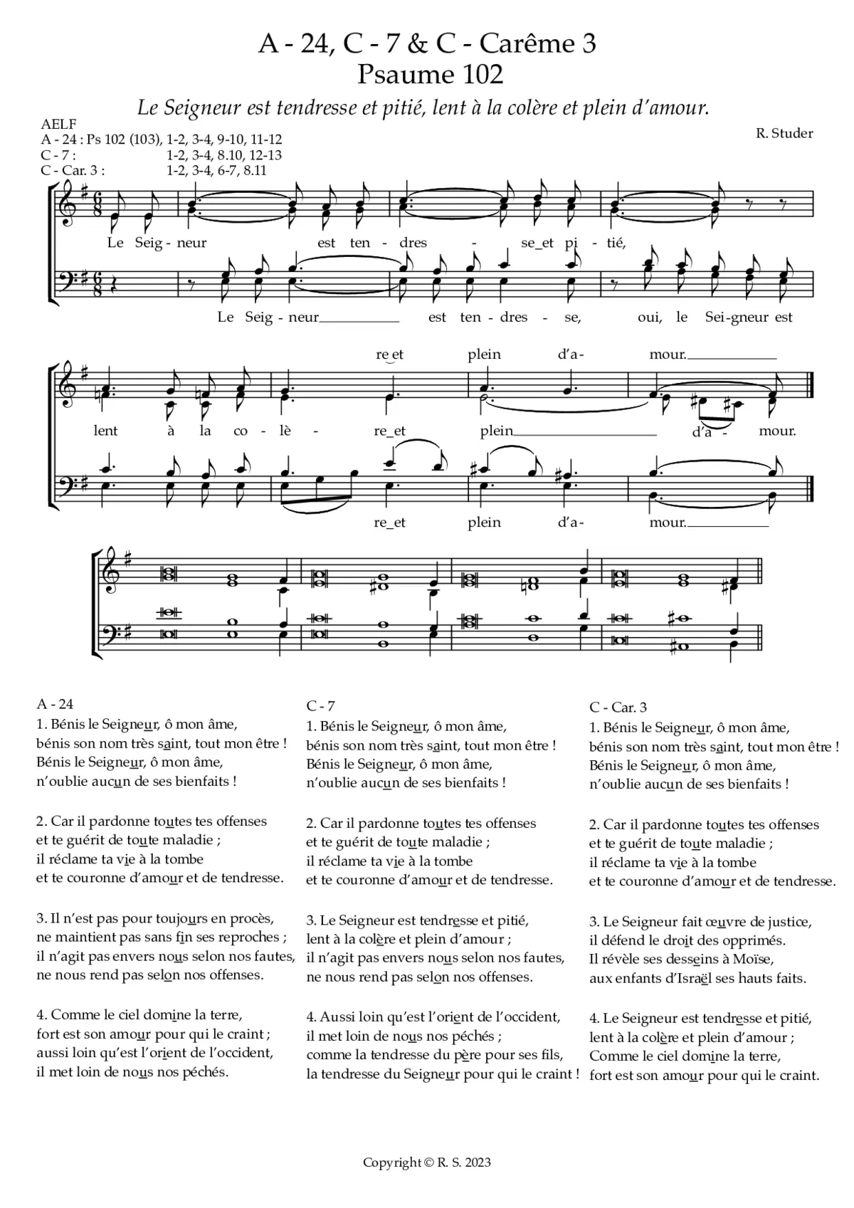 A-24, C-7 & C-Car. 3 : Psaume 102 : Le Seigneur est tendresse et pitié & acclamation - Page 1