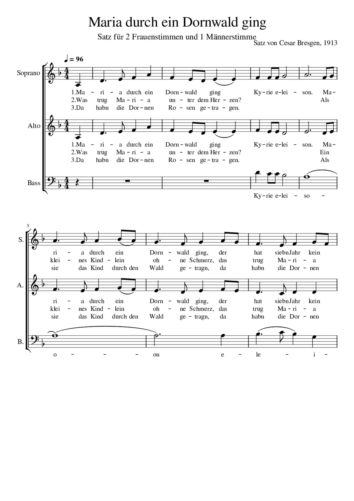Maria durch ein Dornwald ging (3-stimmiger Chor) - Page 1