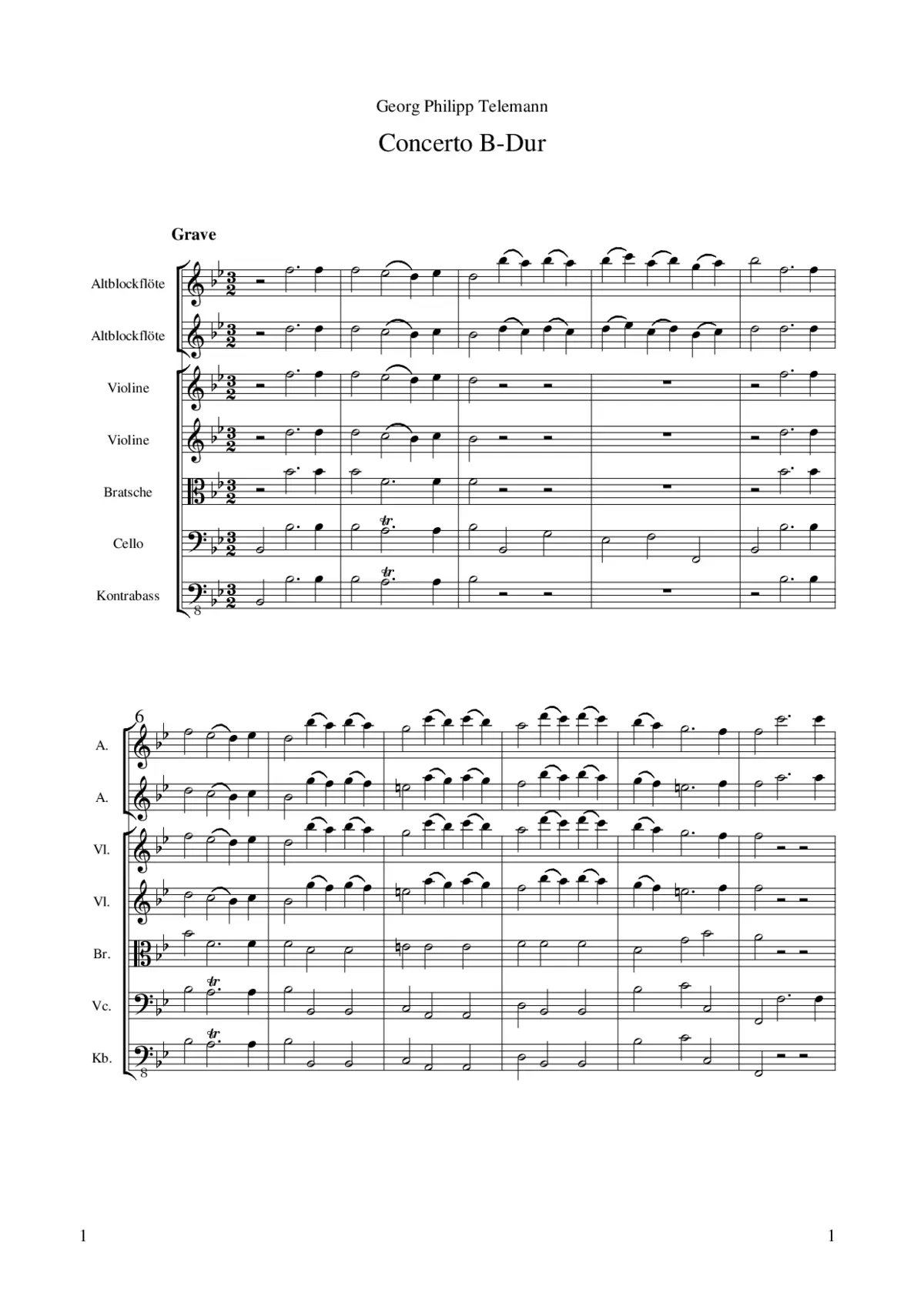 Concerto for 2 Recorders in B-flat major - Page 1