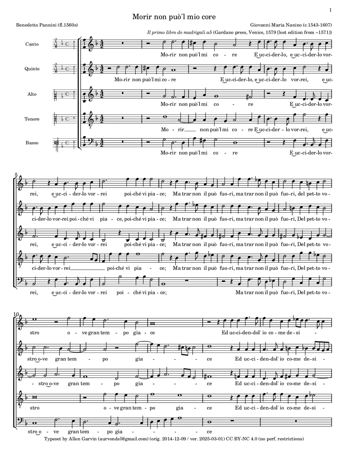 Morir non puo'l mio core - Page 1