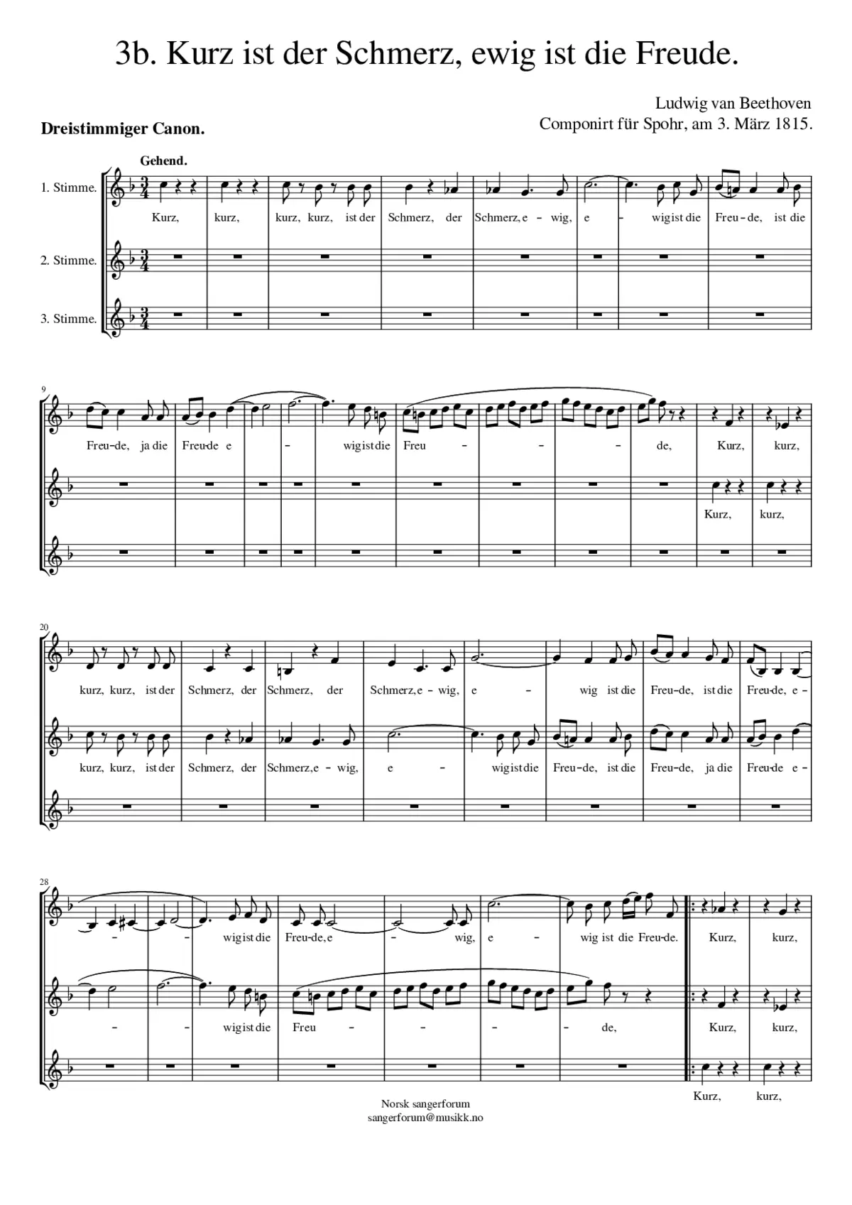 Kurz ist der Schmerz und ewig ist die Freude WoO 163 - Page 1