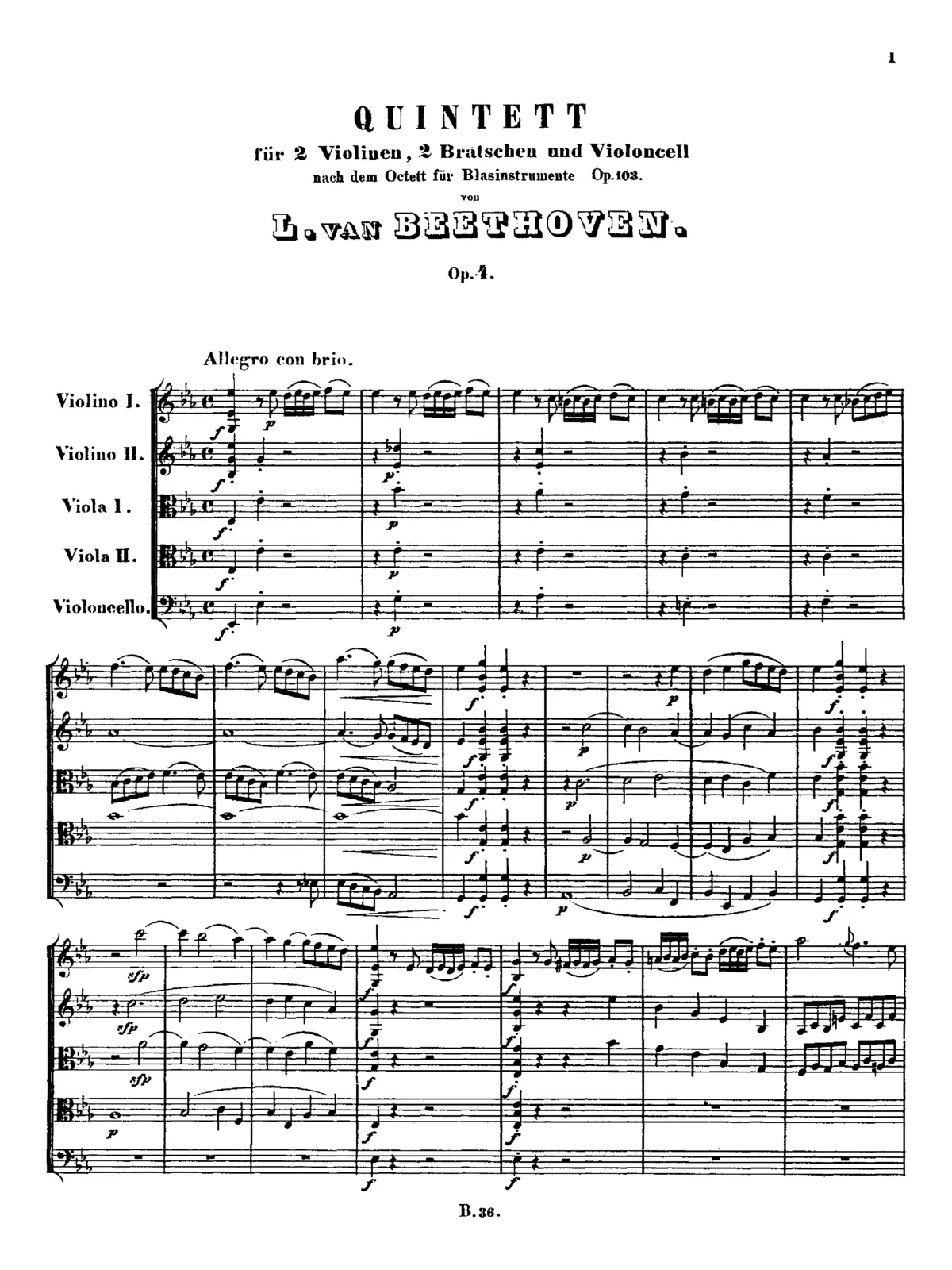 String Quintet No.1 in E-flat major - Page 1