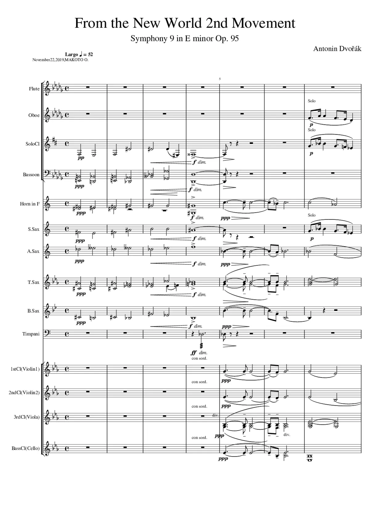 From the New World 2nd Movement by Dvorak for Woodwind Ensemble (Largo - Symphony 9 in E minor Op. 95) - Page 1