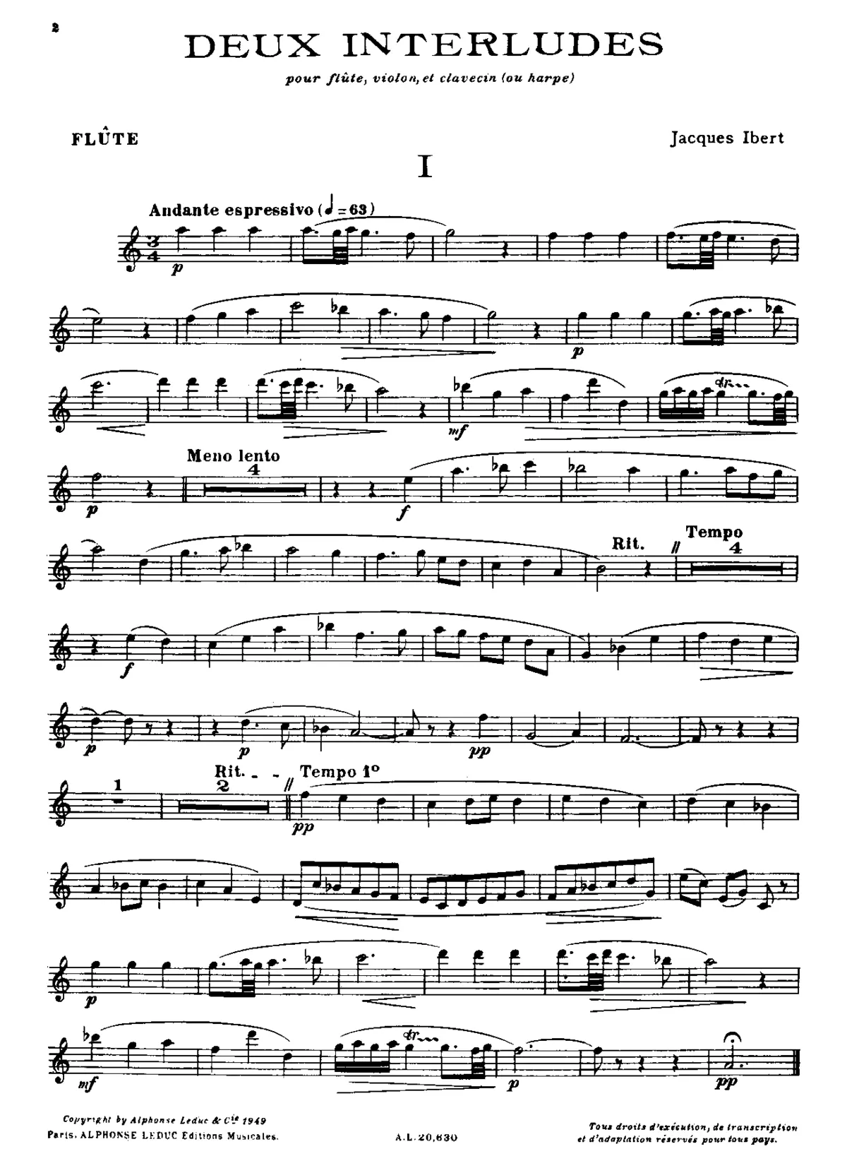 Deux Interludes pour flûte, violon, et clavecin (ou harpe) - Page 1