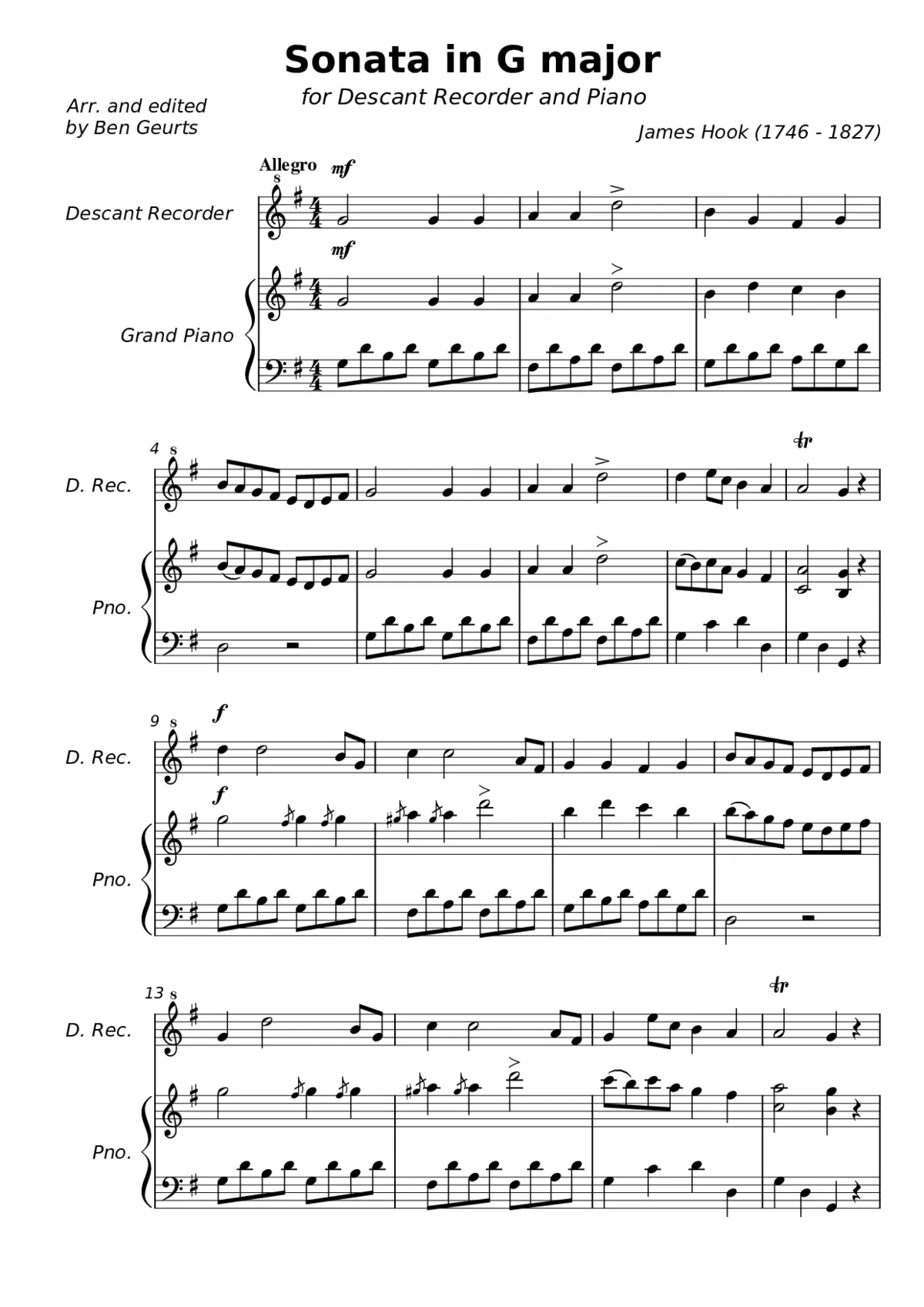 Sonata in G for Descant recorder and Piano - Page 1