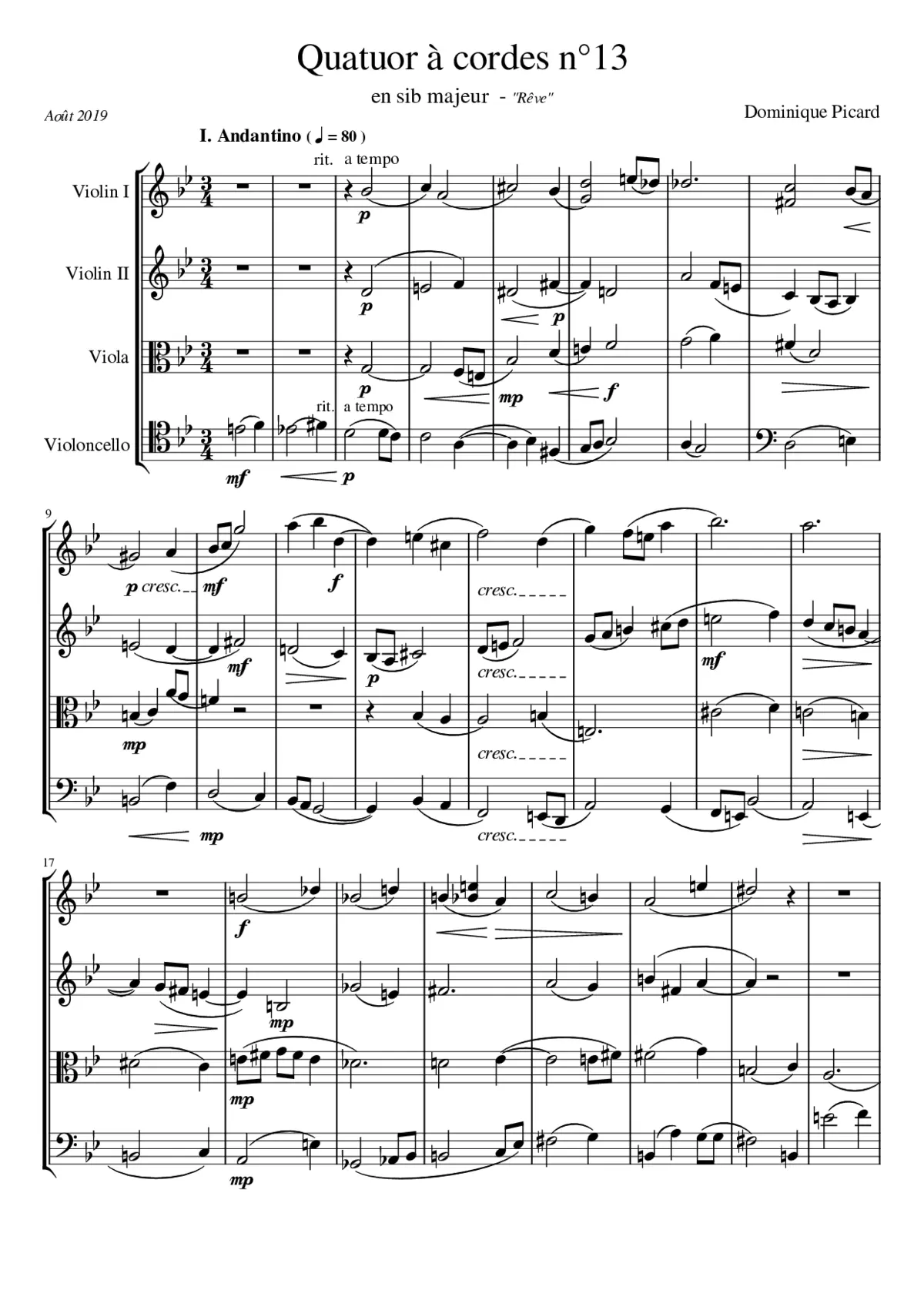 String quartet n13 in B-flat major by Dominique Picard - 1st & 2nd mv - Page 1