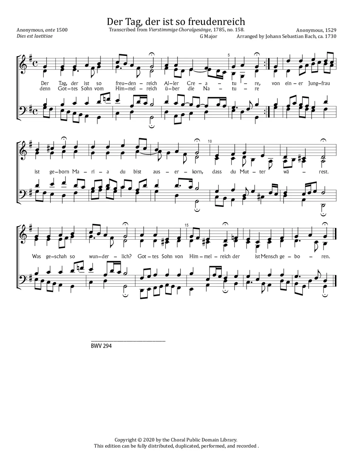 Der Tag, der ist so freudenreich, BWV 294 - Page 1