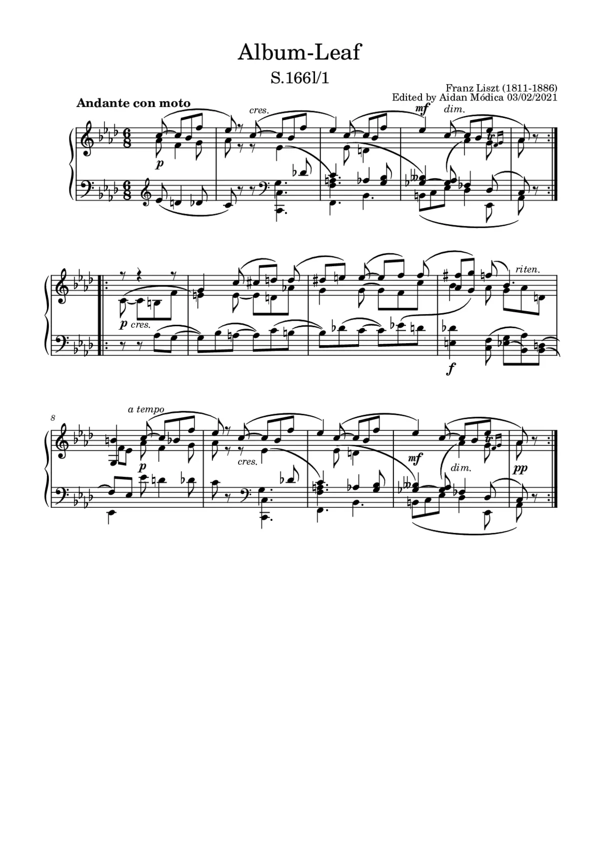 Album-leaf 'Andante con moto' (S.166l/1)Album-leaf 'Weimar III' (S.166l/2) - Page 1