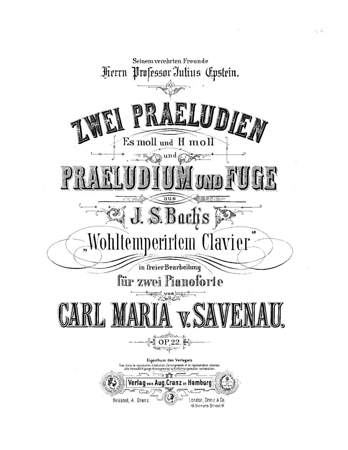 Zwei Praeludien (Es moll und H moll) und Praeludium und Fuge aus J.S. Bach’s 'Wohtemperirtem Clavier' in freier Bearbeitung für zwei Pianoforte - Page 1
