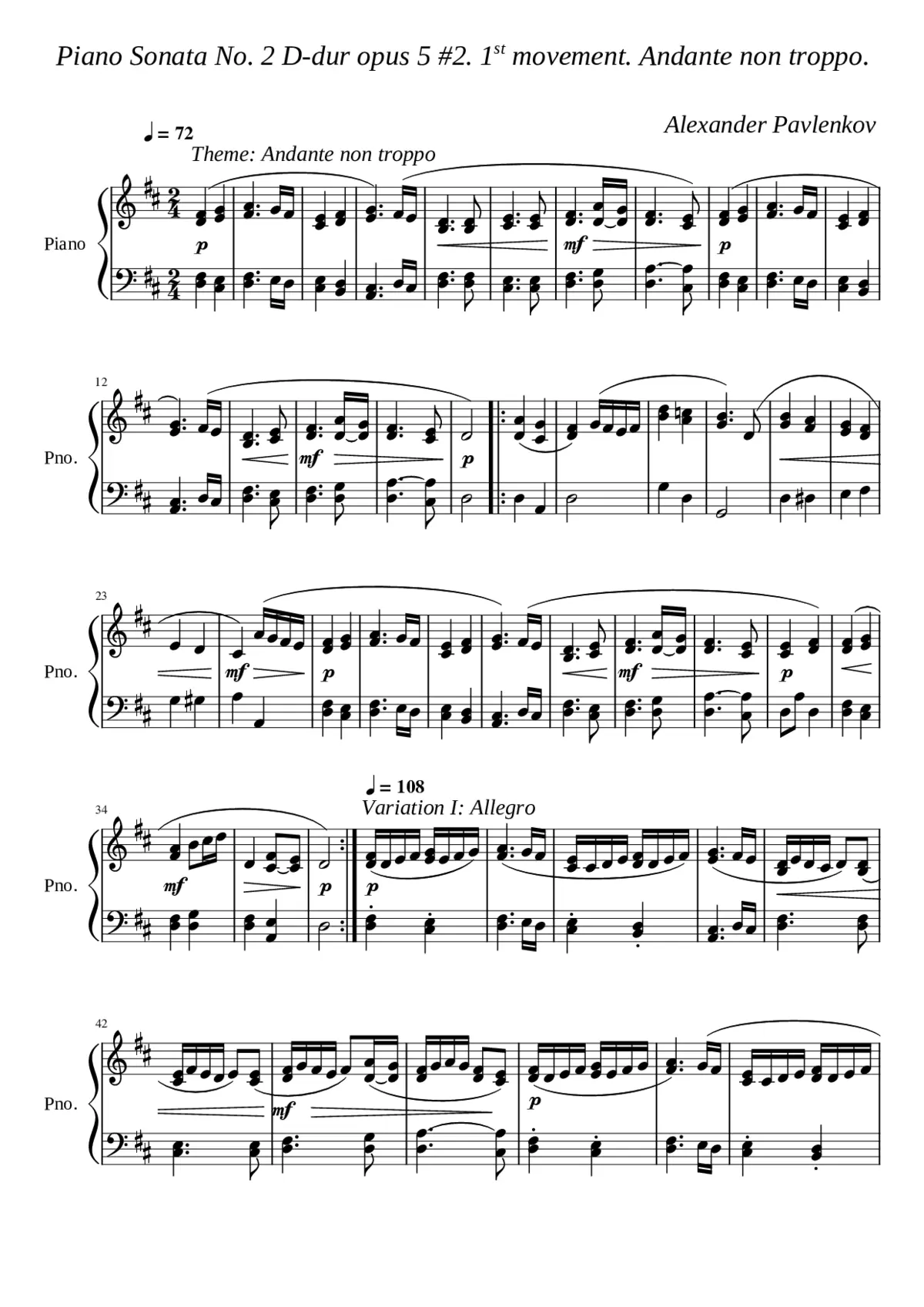 Piano Sonata No. 2. 1st movement. Andante non troppo - Page 1