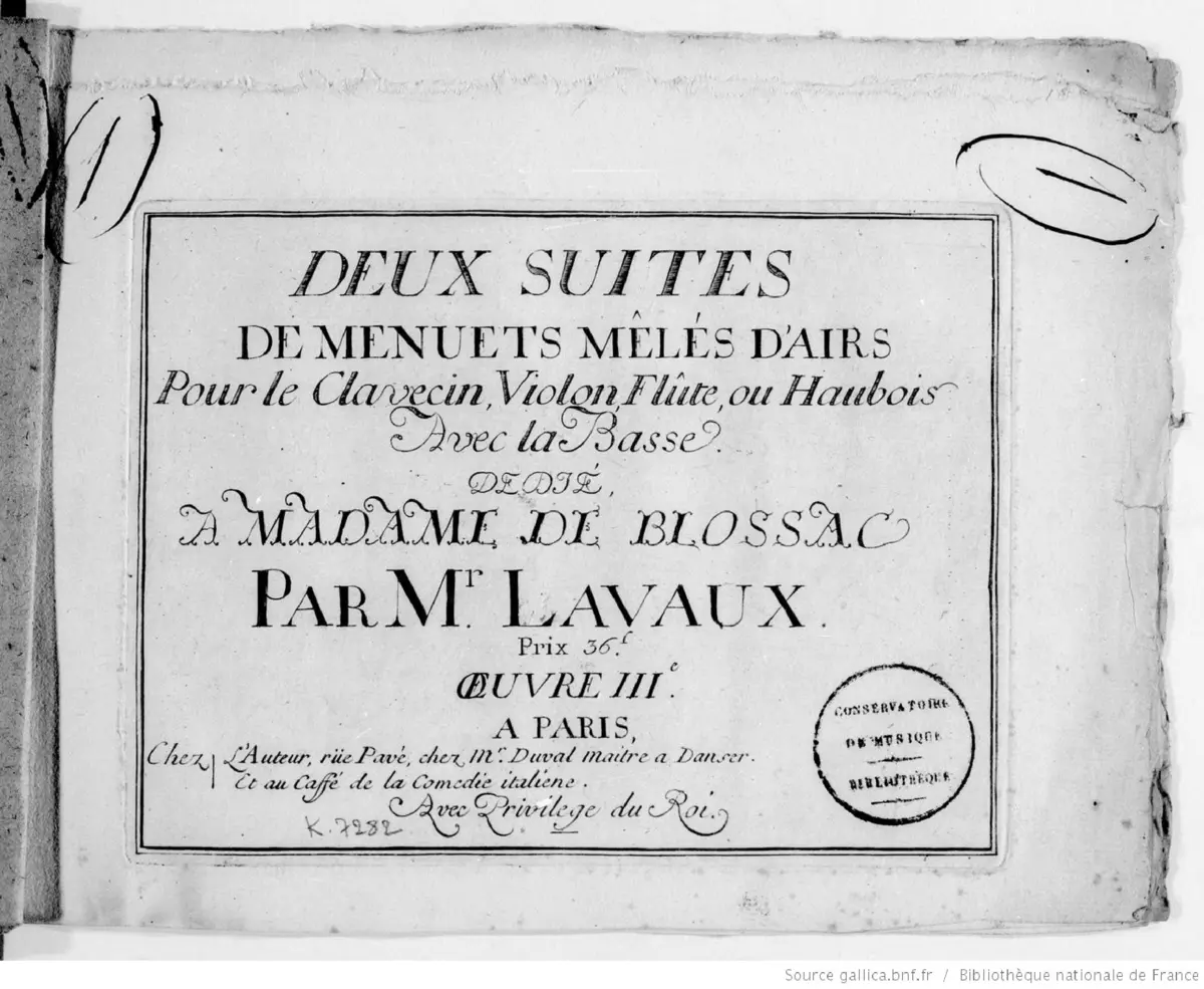 2 Suites de menuets mêlés d'airs pour le clavecin, violon, flûte ou hautbois avec la basse - Page 1
