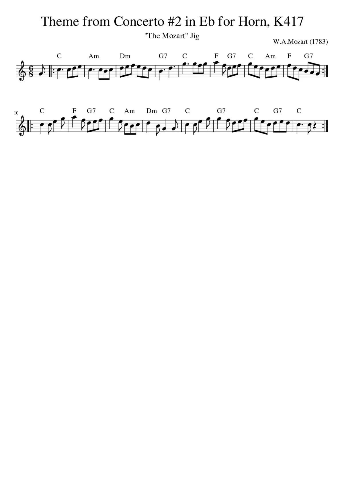 Theme from Concerto 2 in Eb for Horn K417 - Page 1