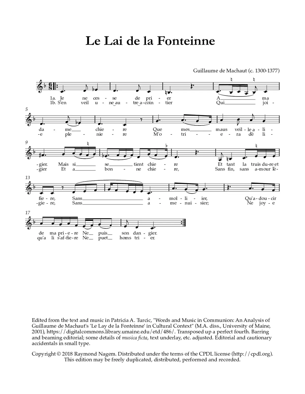 Le Lai de la Fonteinne (Je ne cesse de prier) - Page 1