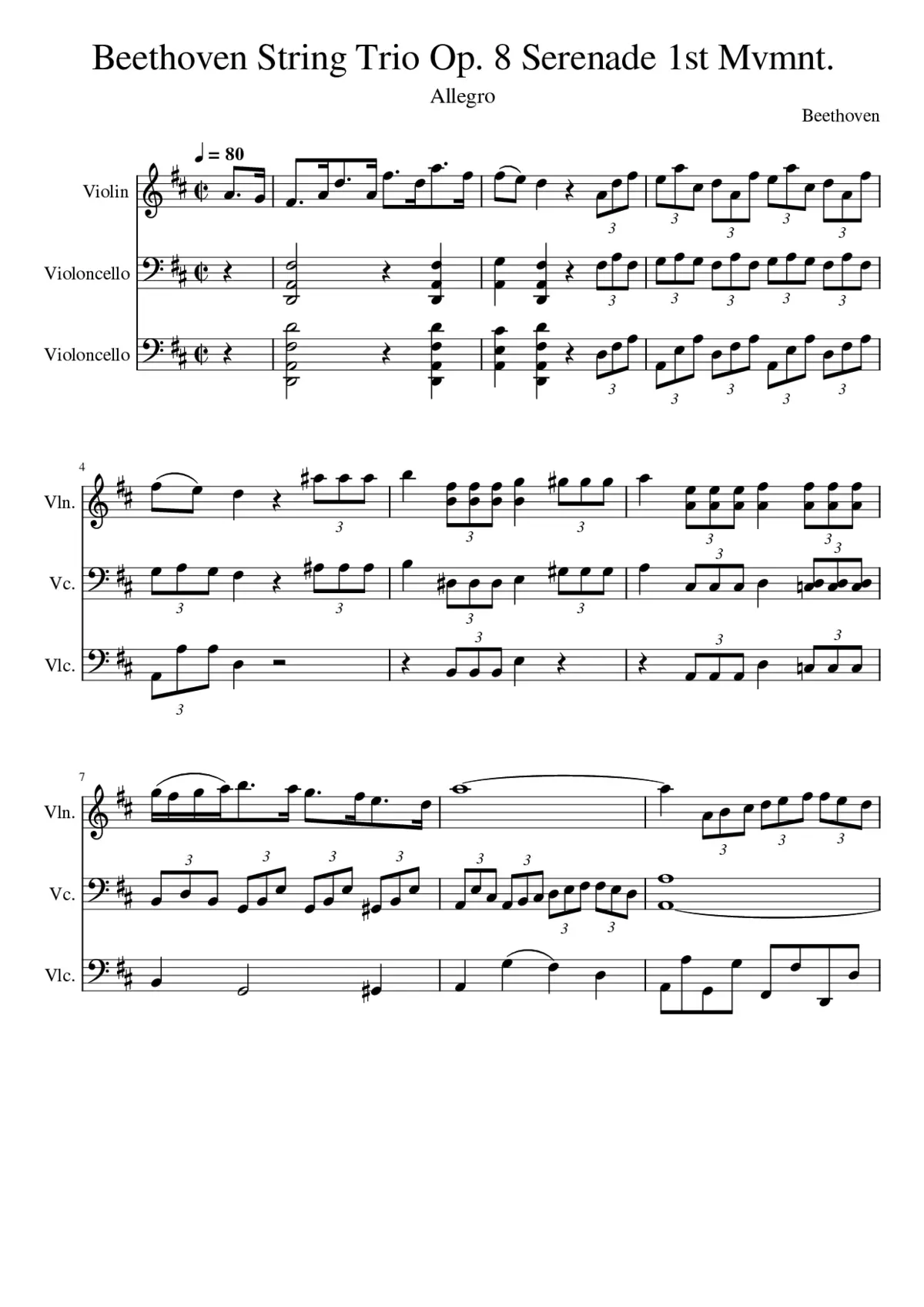 Beethovern String Trio Op. 8 Serenade 1st Movement For Violin & Two Cellos - Page 1