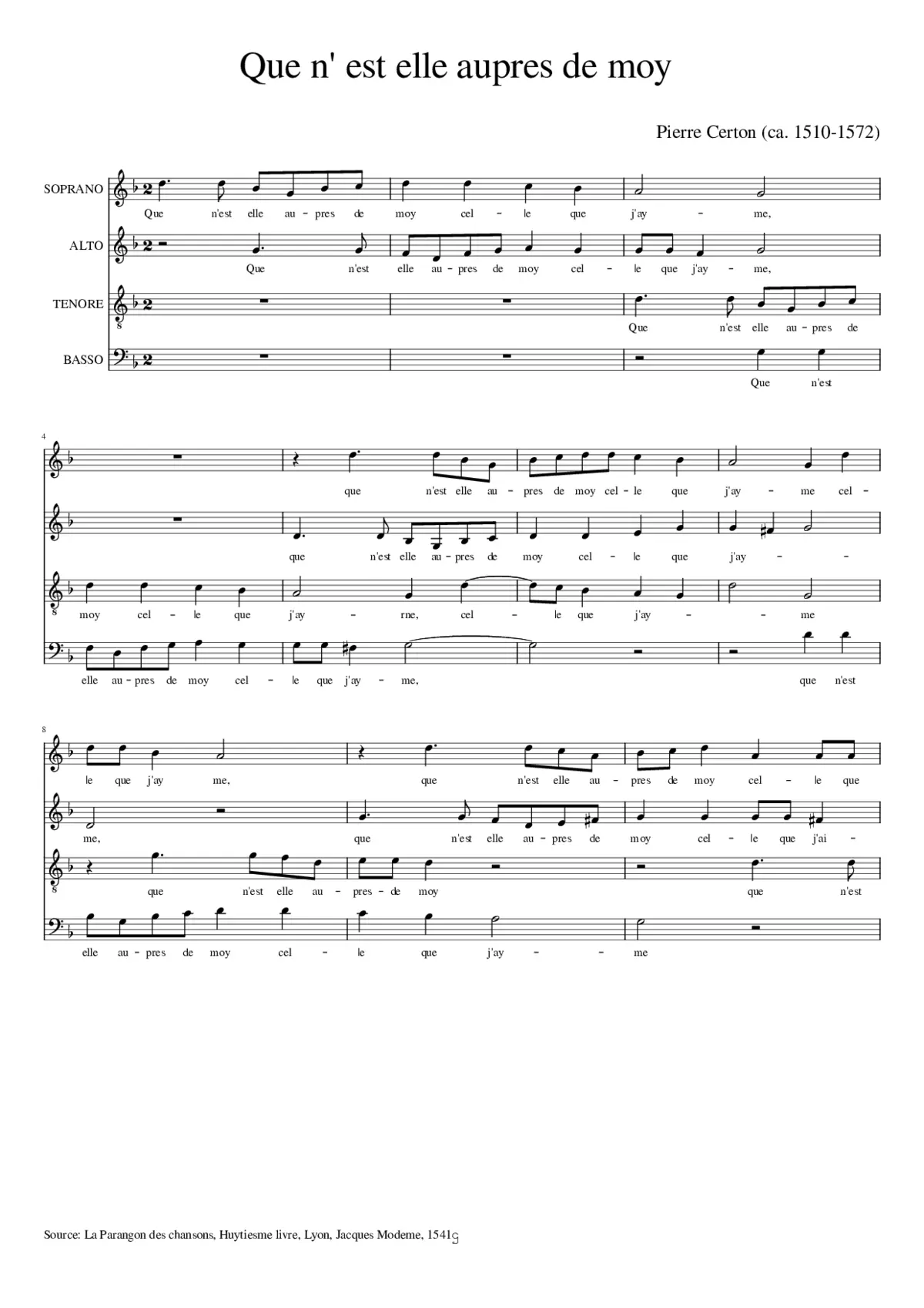 Que n'est elle aupres de moy - Page 1