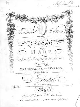 Twelve Waltzes for the Piano Forte or Harp, with an Accompaniment for a Flute, Tambourine and Triangle