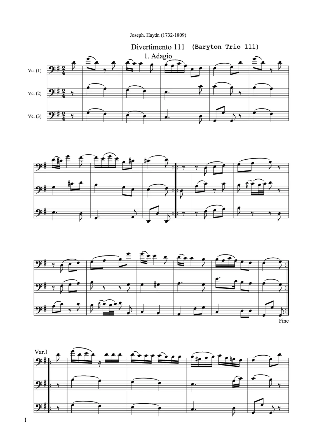 Baryton Trio in G major, Hob.XI:111 - Page 1