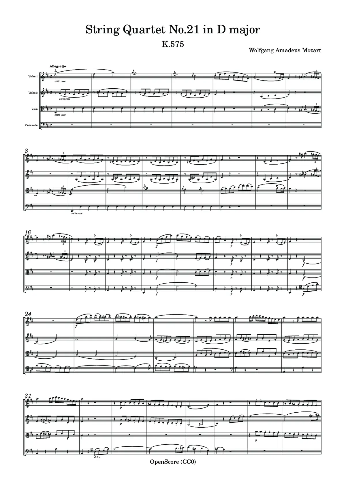 String Quartet No.21 in D major, K.575 - Page 1