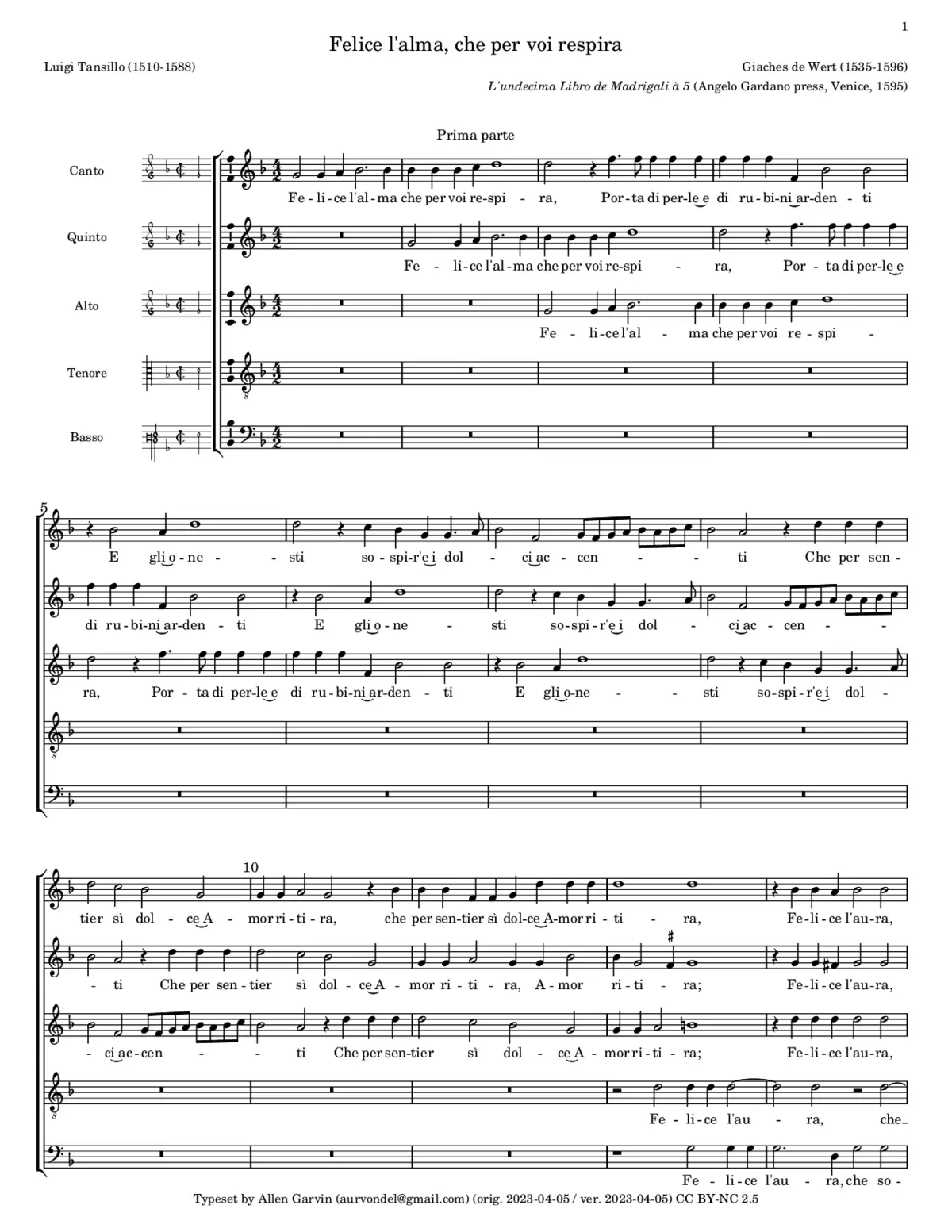 Felice l'alma che per voi - Page 1