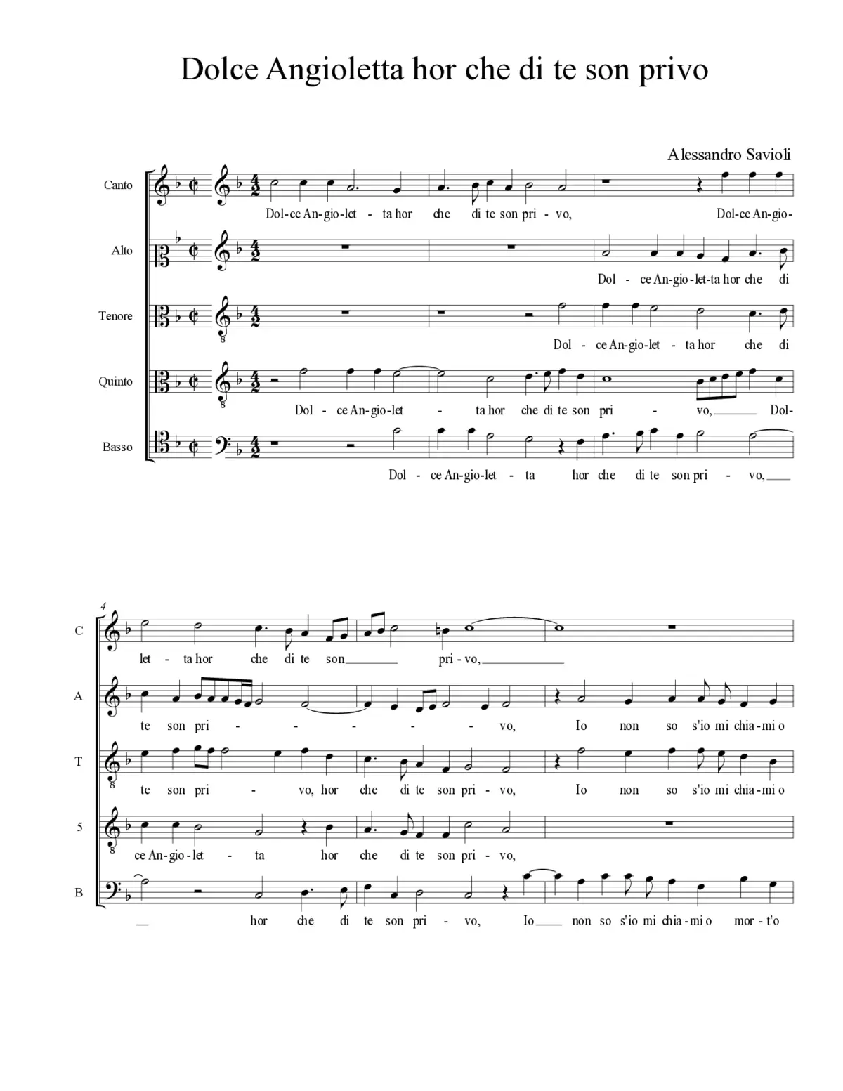 Dolce Angioletta hor che di te son privo - Page 1