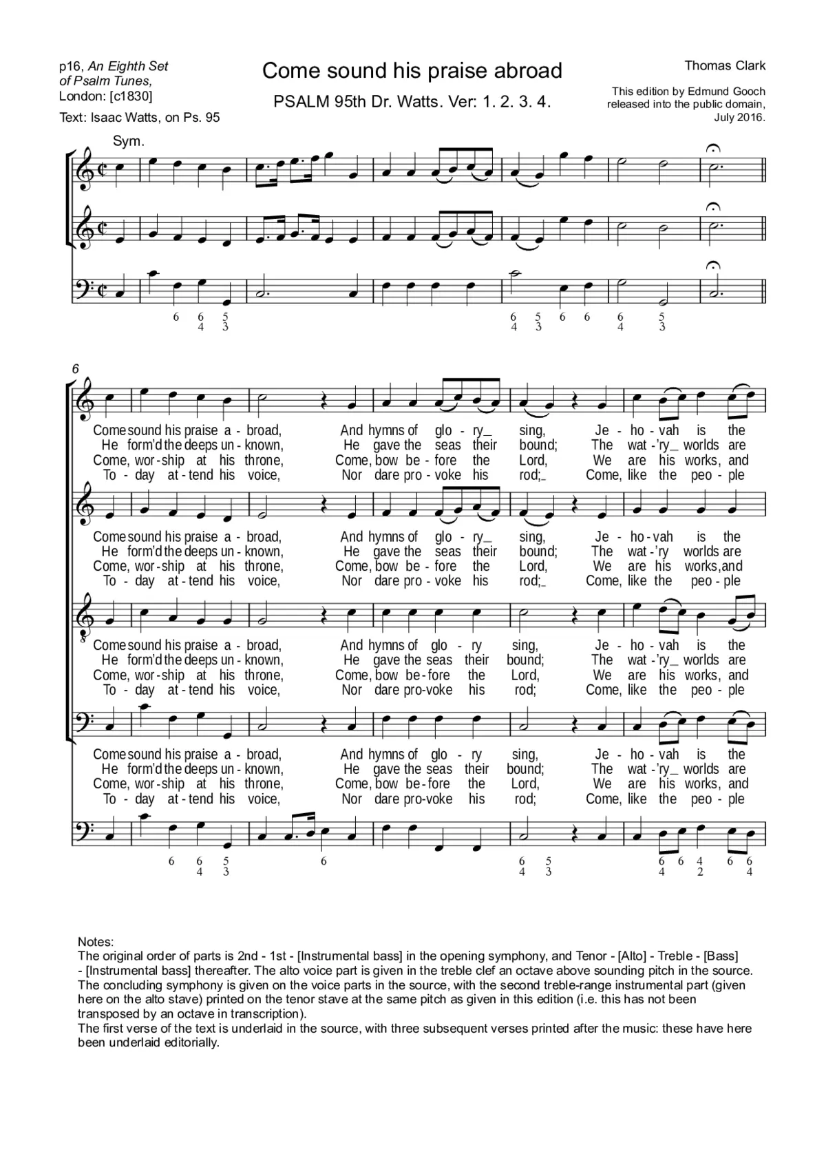 Come sound his praise abroad (from An Eighth Set of Psalm Tunes) - Page 1