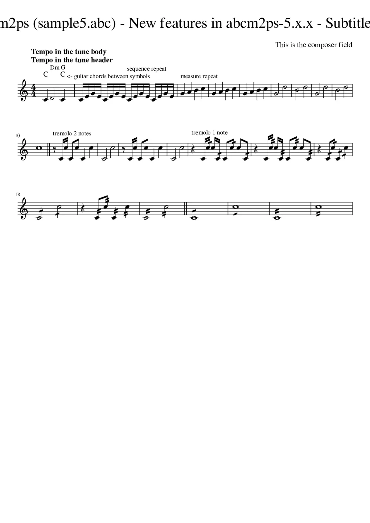 Sample tune - abcm2ps (sample5.abc) - New features in abcm2ps-5.x.x - Subtitle one - Subtitle two - Page 1