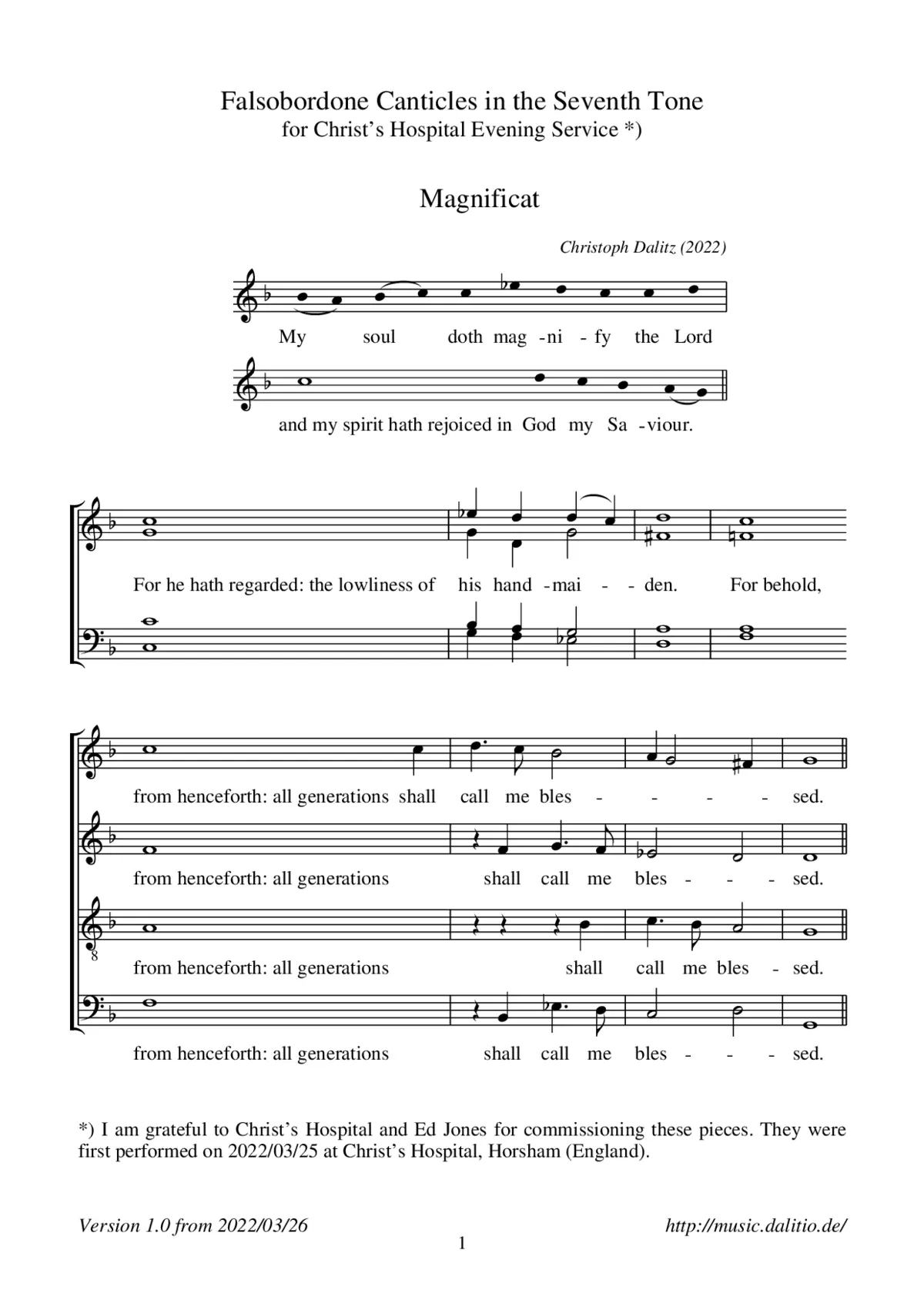 Falsobordone Canticles (Magnificat & Nunc dimittis) in the 7th Tone - Page 1