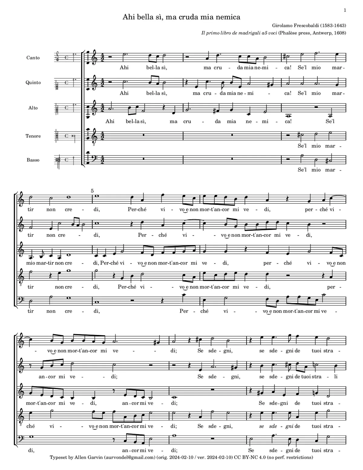 Ahi bella si, ma cruda mia nemica - Page 1