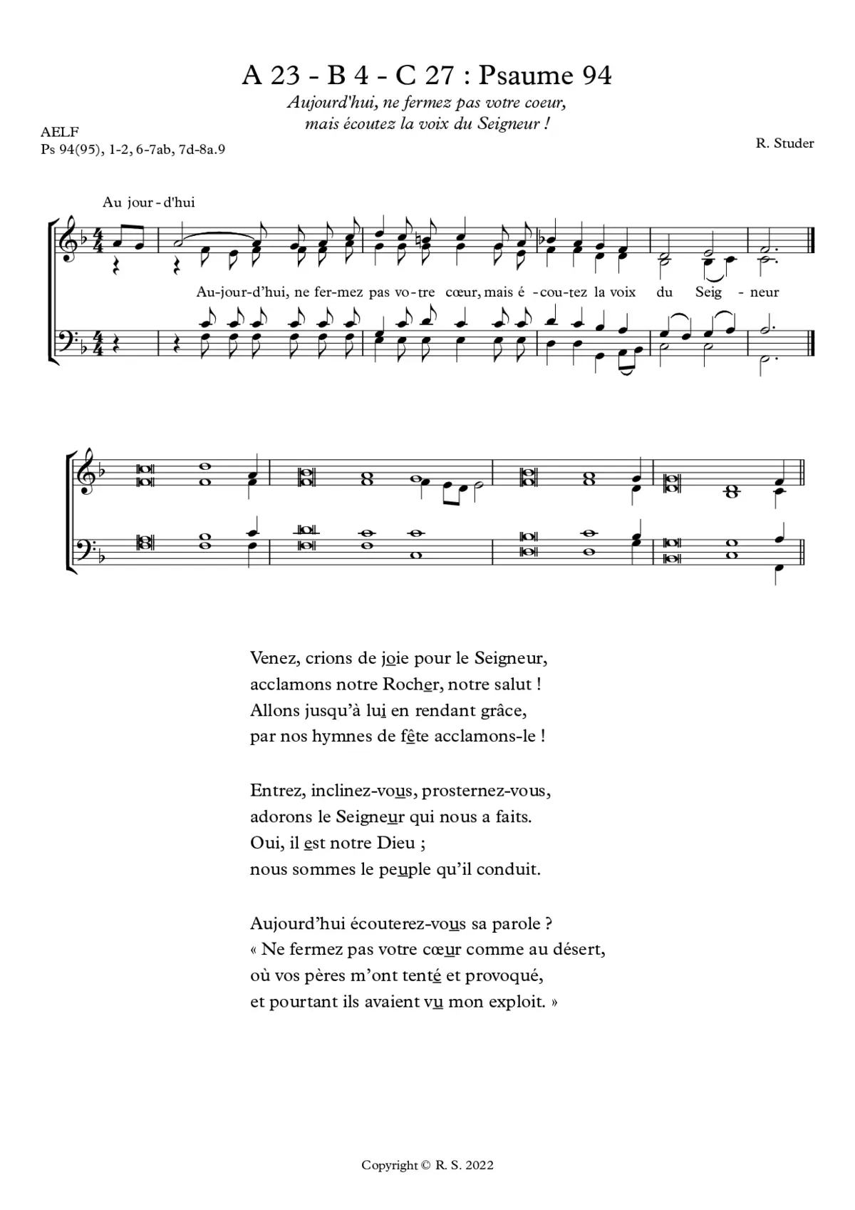 A 23 - B 4 - C 27 : Psaume 94 et Acclamation : Aujourd'hui, ne fermez pas votre coeur, mais écoutez la voix du Seigneur - Page 1