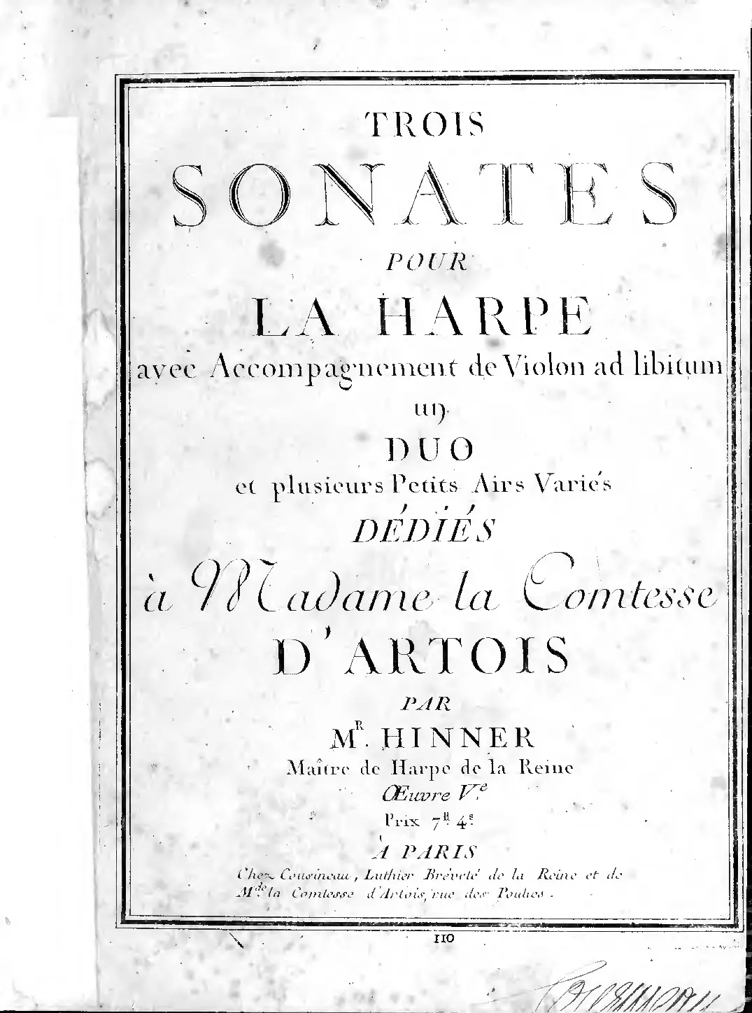 Trois Sonates pour la Harpe avec Accompagnement de Violon ad libitum, un Duo et plusieurs Petits Airs Varies - Page 1