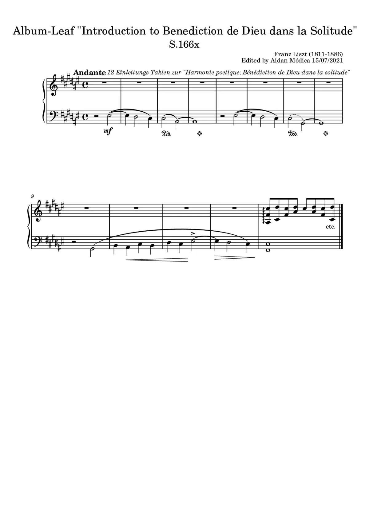Album-Leaf '12 Einleitungs Takten zur Harmonie poetique: Bénédiction de Dieu dans la solitude', S.166x - Page 1