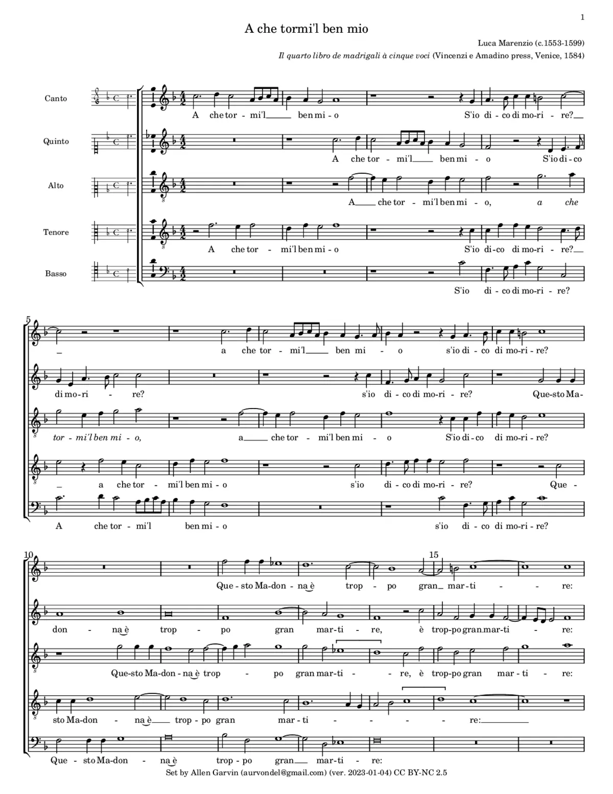 A che tormi'l ben mio - Page 1