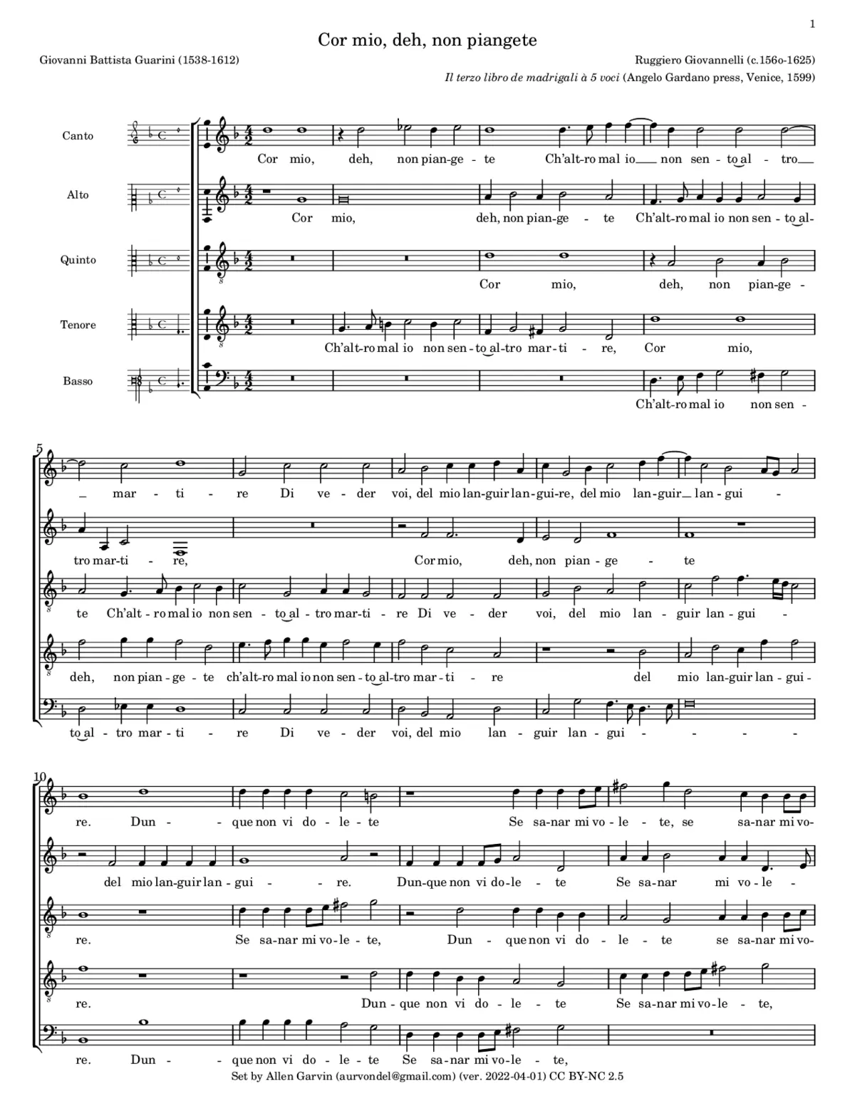 Cor mio, deh, non piangete - Page 1
