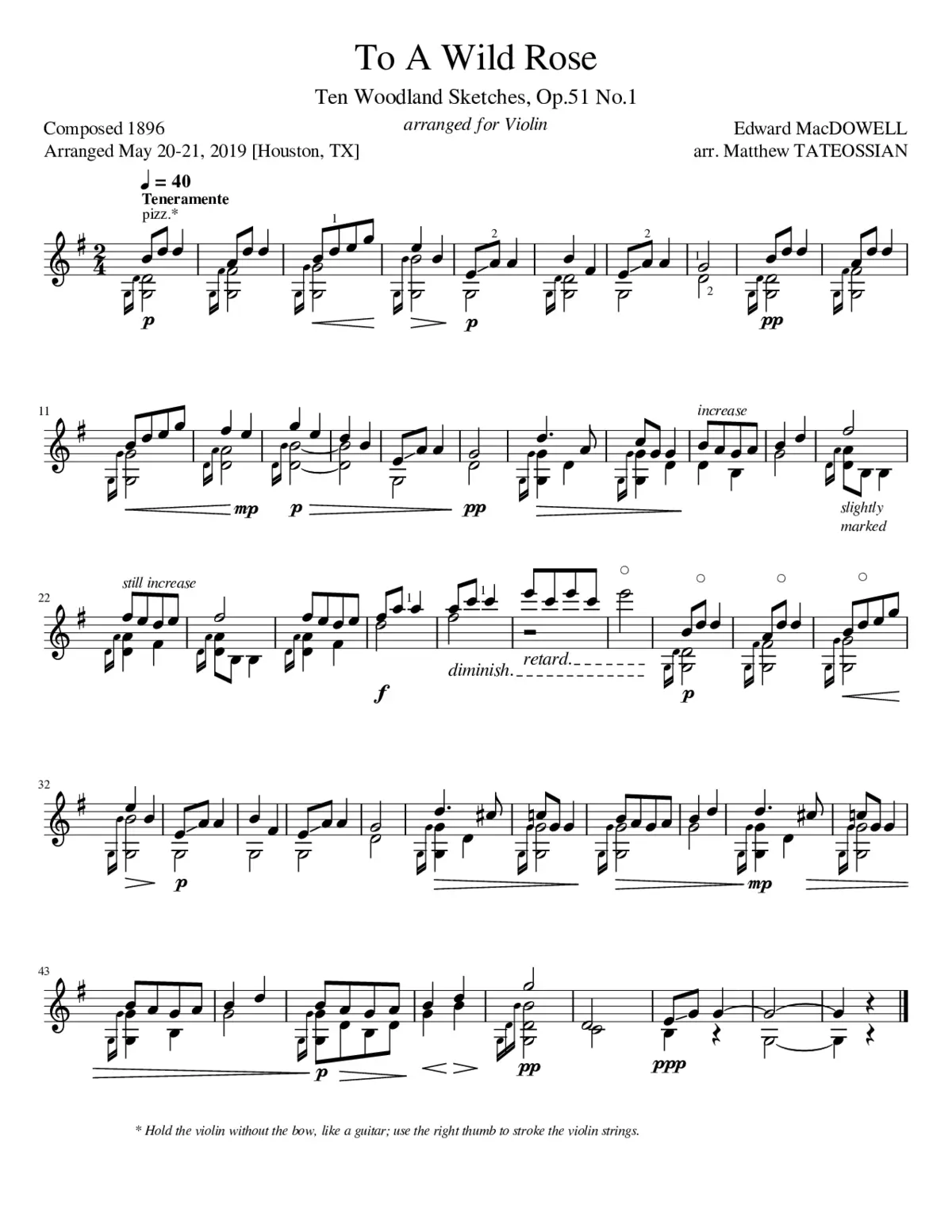 To A Wild Rose arranged for Violin Solo - Page 1
