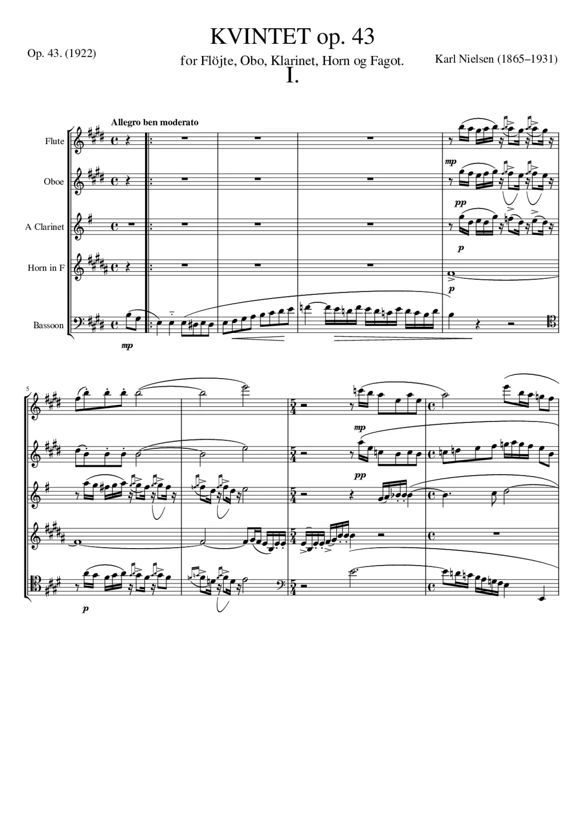 Quintet for Flute Oboe Clarinet French Horn and Bassoon Op. 43 - Page 1
