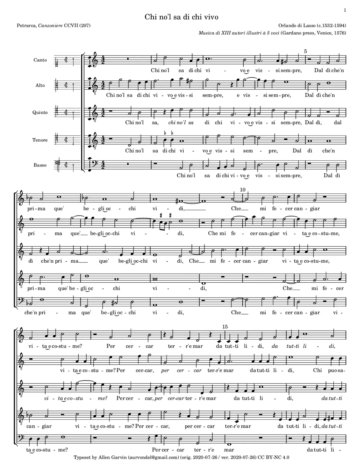 Chi no'l sa di ch'io vivo e vissi sempre - Page 1