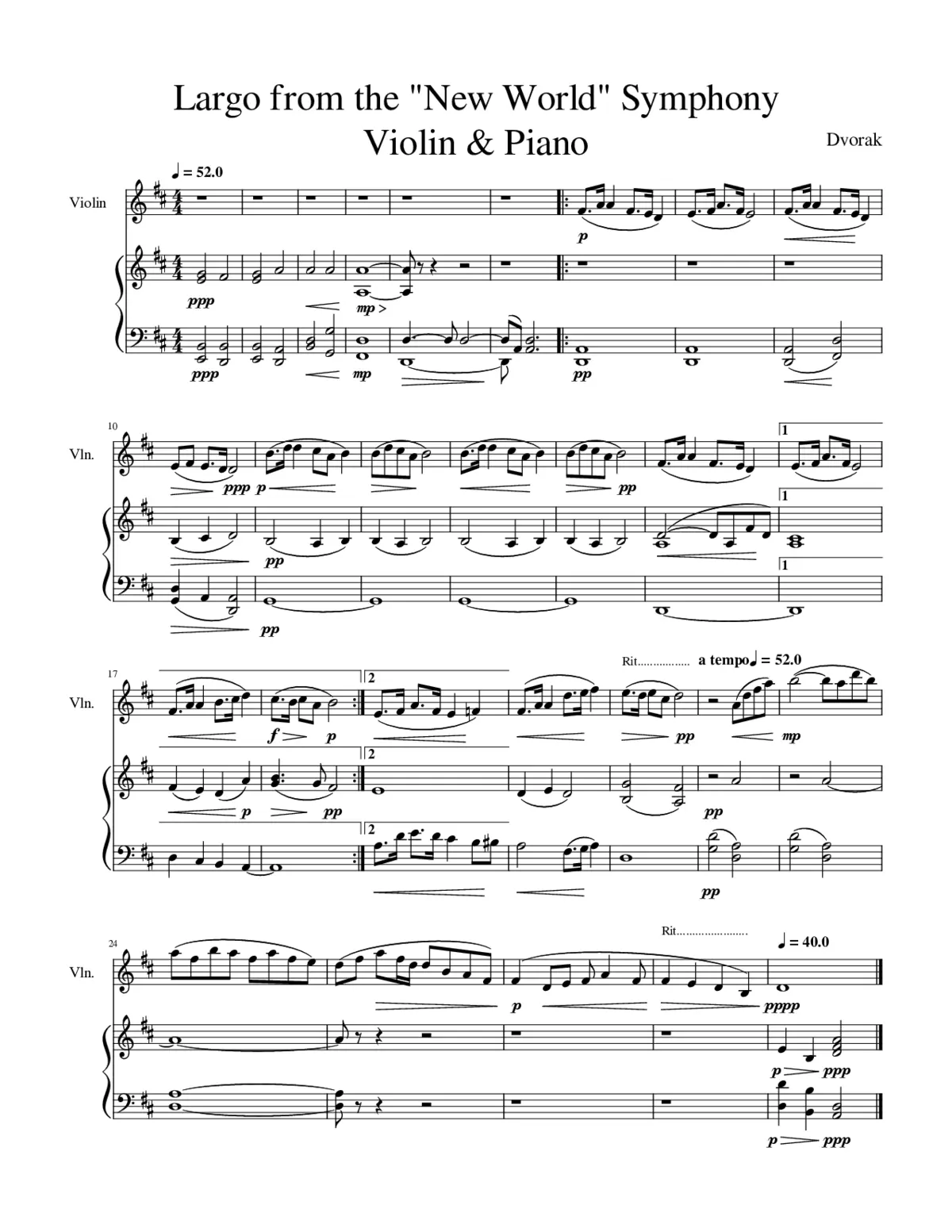 Largo from the New World Symphony for Violin and Piano - Page 1