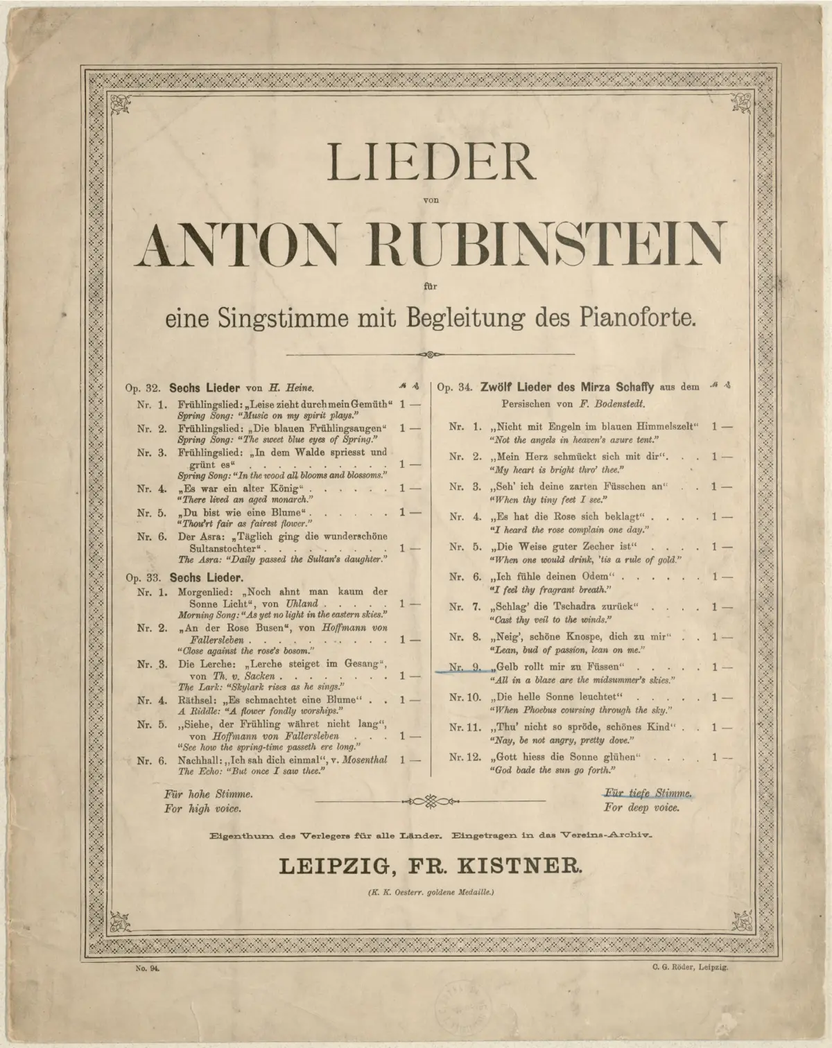 12 Lieder des Mirza-Schaffy aus dem Persischen von F. Bodenstedt in Musik gesetzt für eine Singstimme mit Begleitung des Pianoforte - Page 1