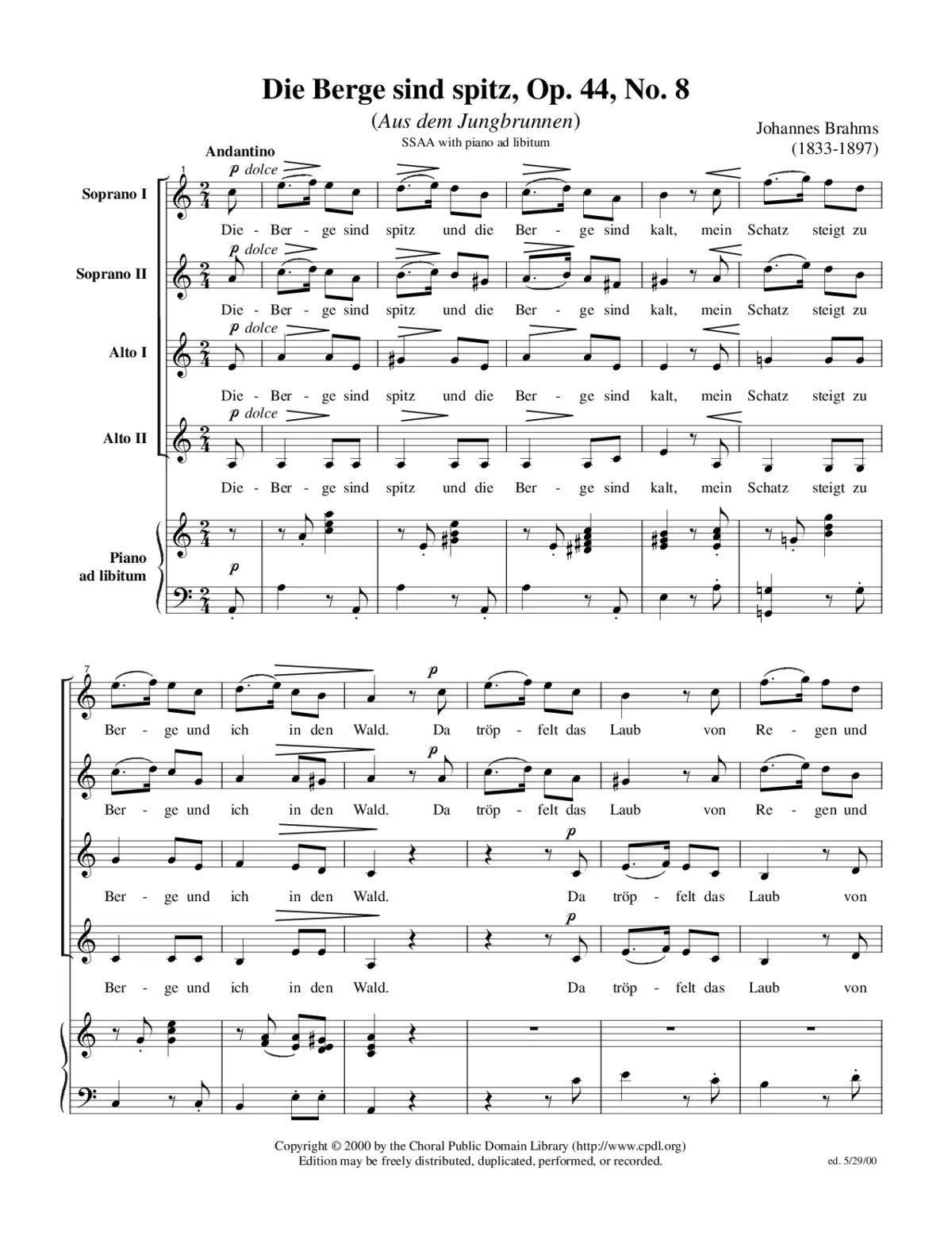 Die Berge sind spitz, Op. 44, No. 8 - Page 1