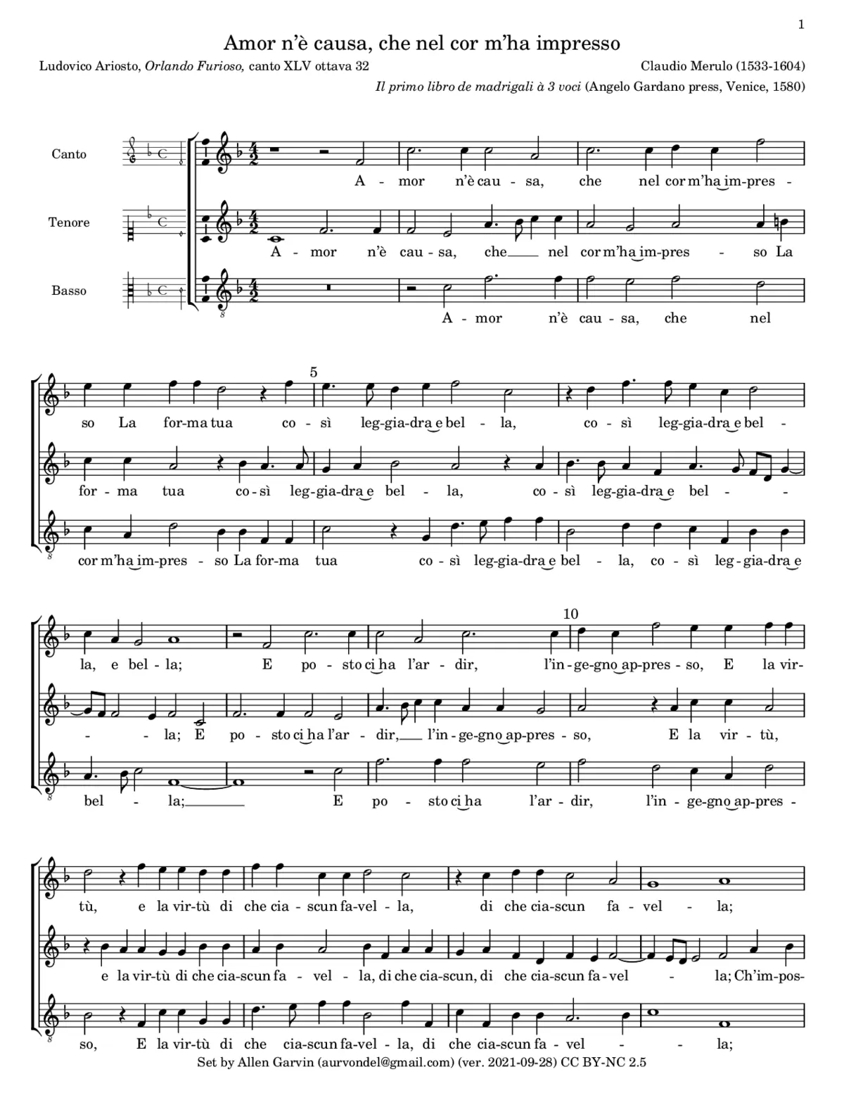 Amor n'e causa, che nel cor m'ha impresso - Page 1