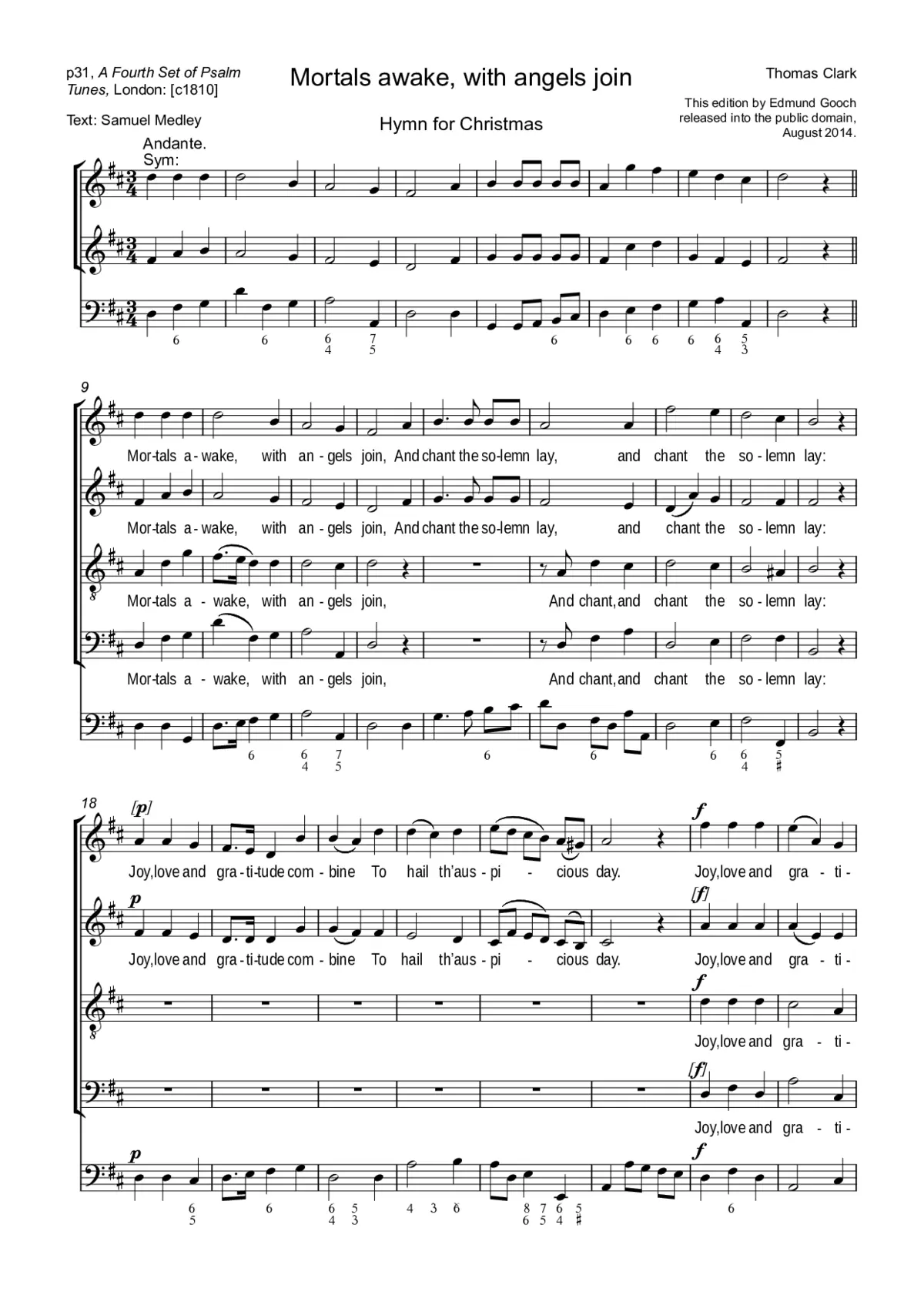 Mortals awake, with angels join (from A Fourth Set of Psalm Tunes) - Page 1