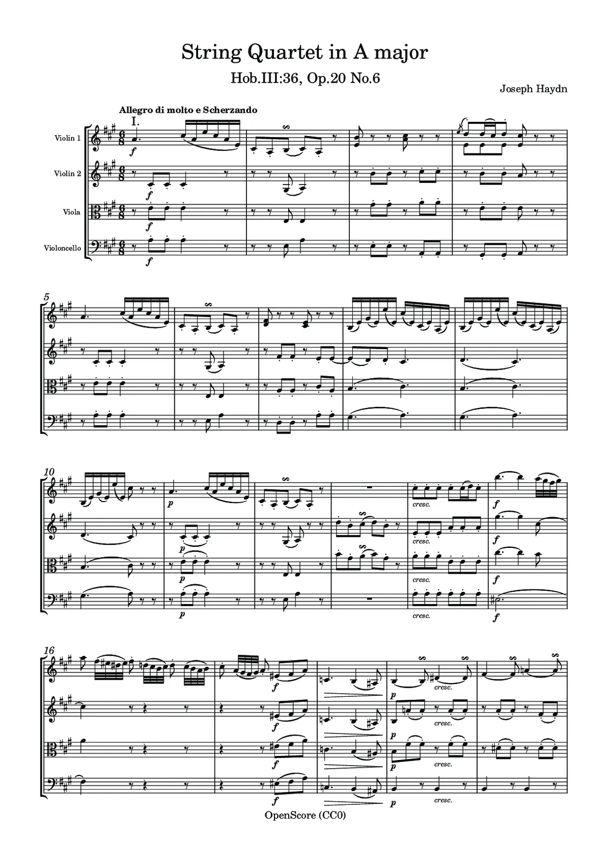 String Quartet in A major, Hob.III:36, Op.20 No.6 - Page 1