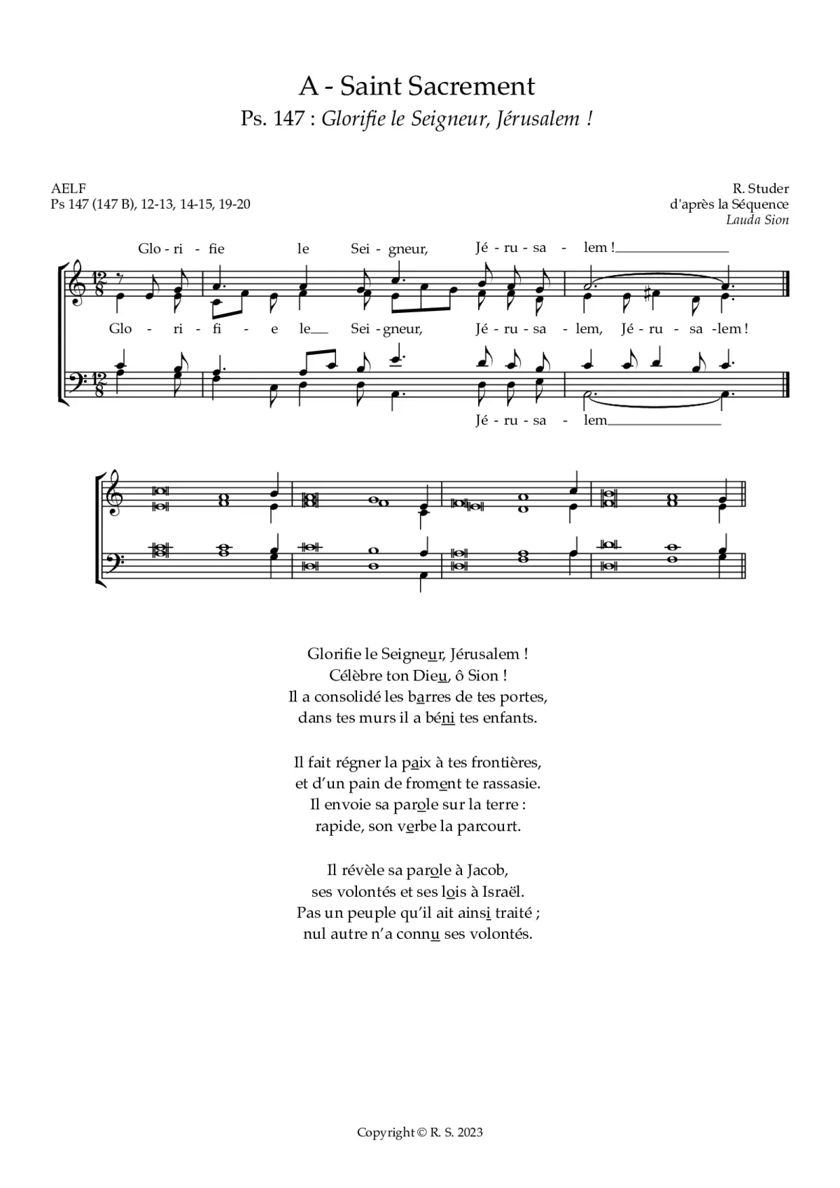 A - St. Sacrement : Ps. 147 : Glorifie le Seigneur, Jerusalem - Page 1