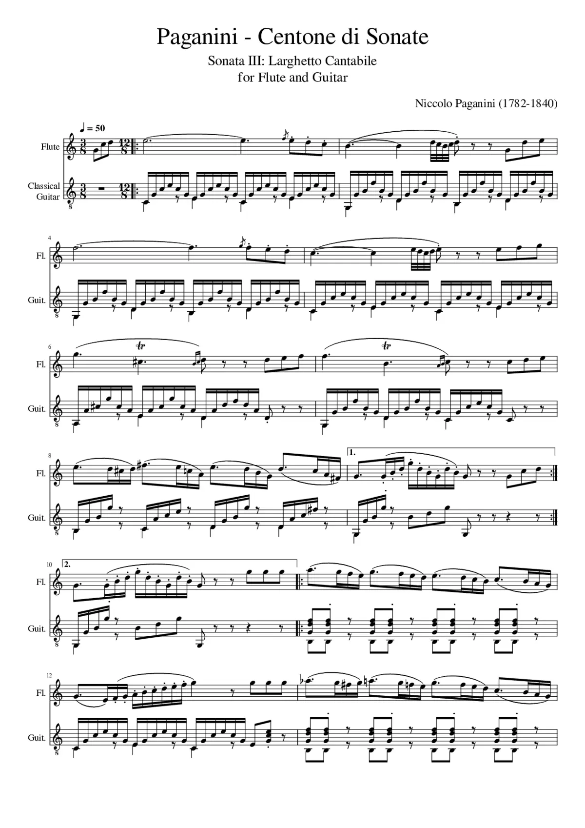 Paganini - Centone di Sonate (Sonata III: Larghetto Cantabile) for Flute & Guitar - Page 1